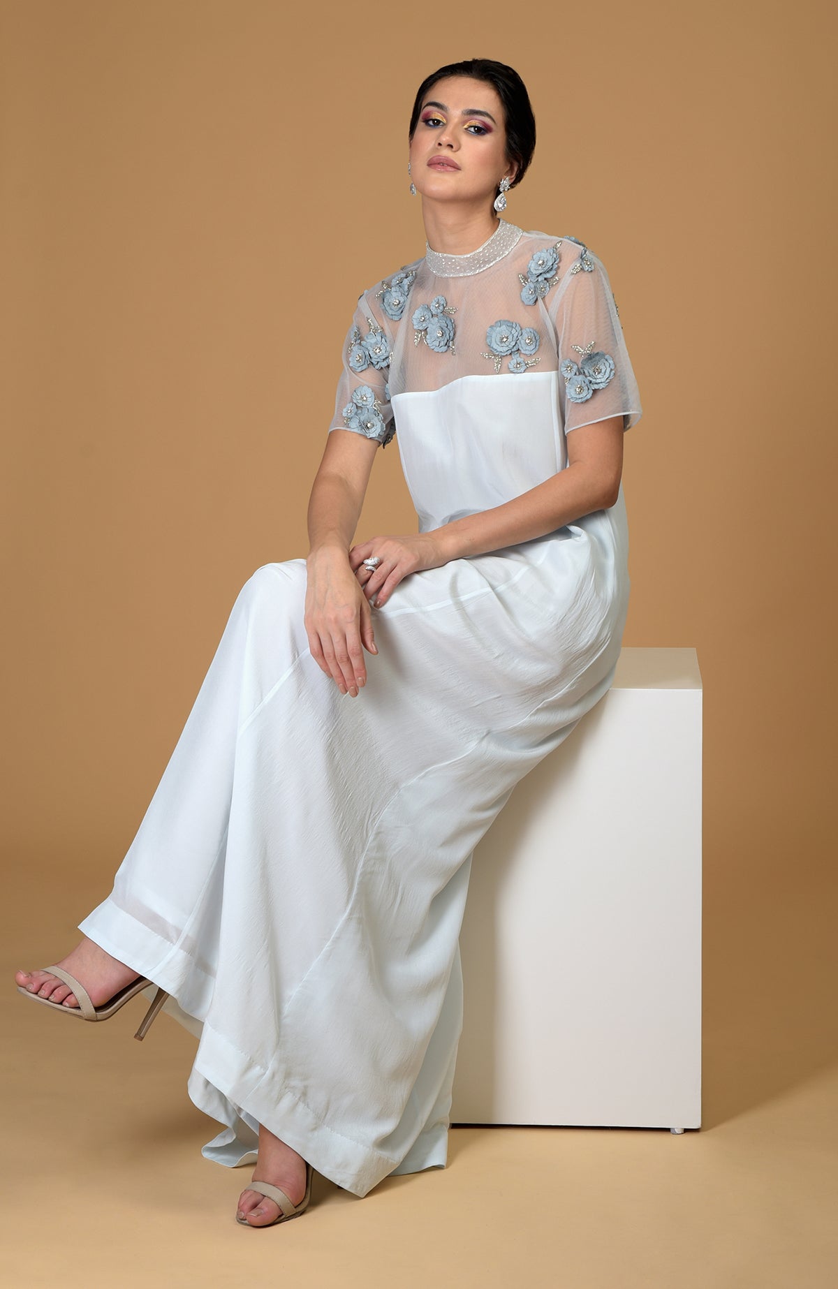 Blue Twilight Hand Embroidered Dress with sheer floral top and wide-leg pants.