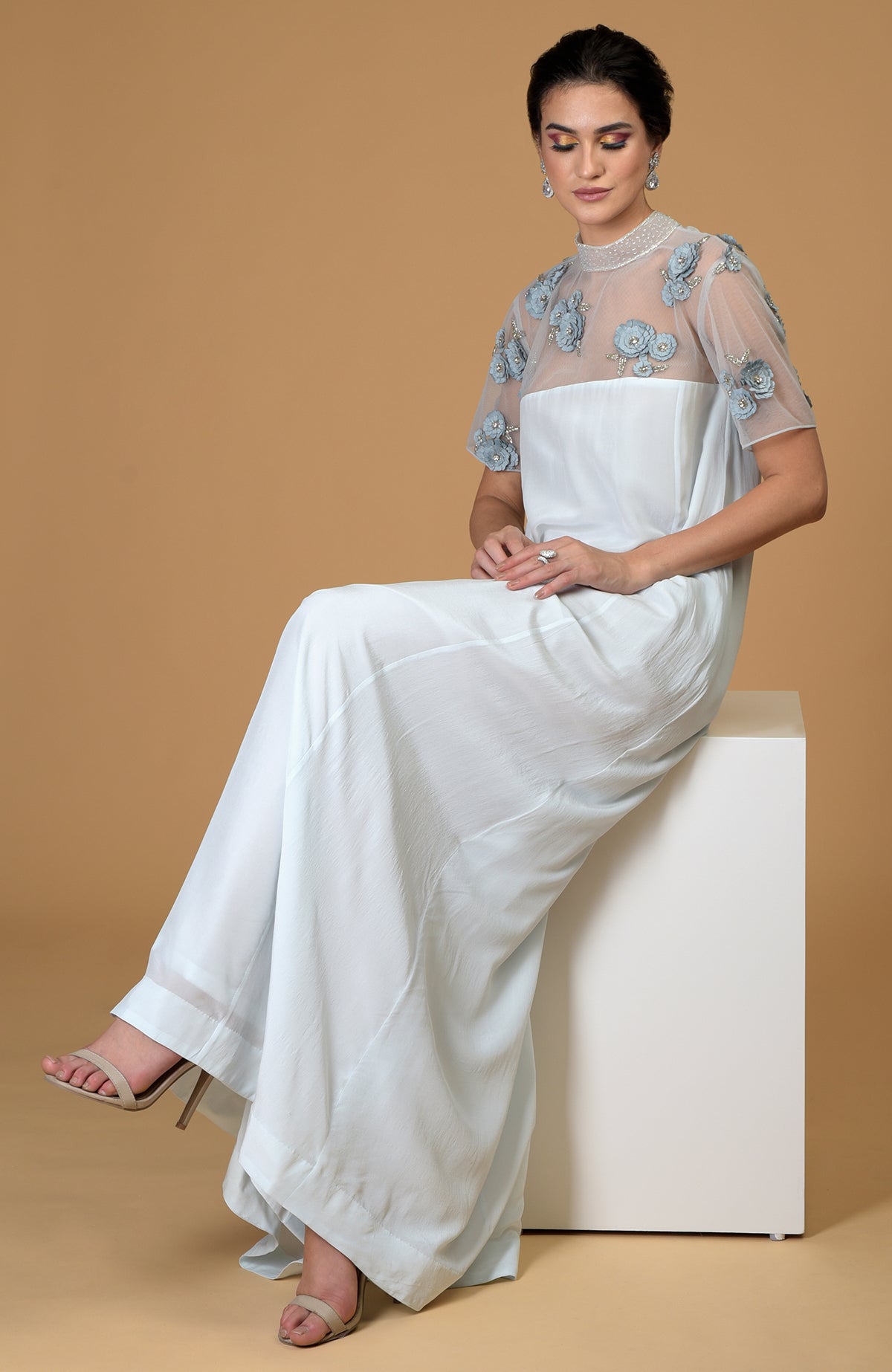 Blue Twilight Hand Embroidered Dress with floral embellishments.