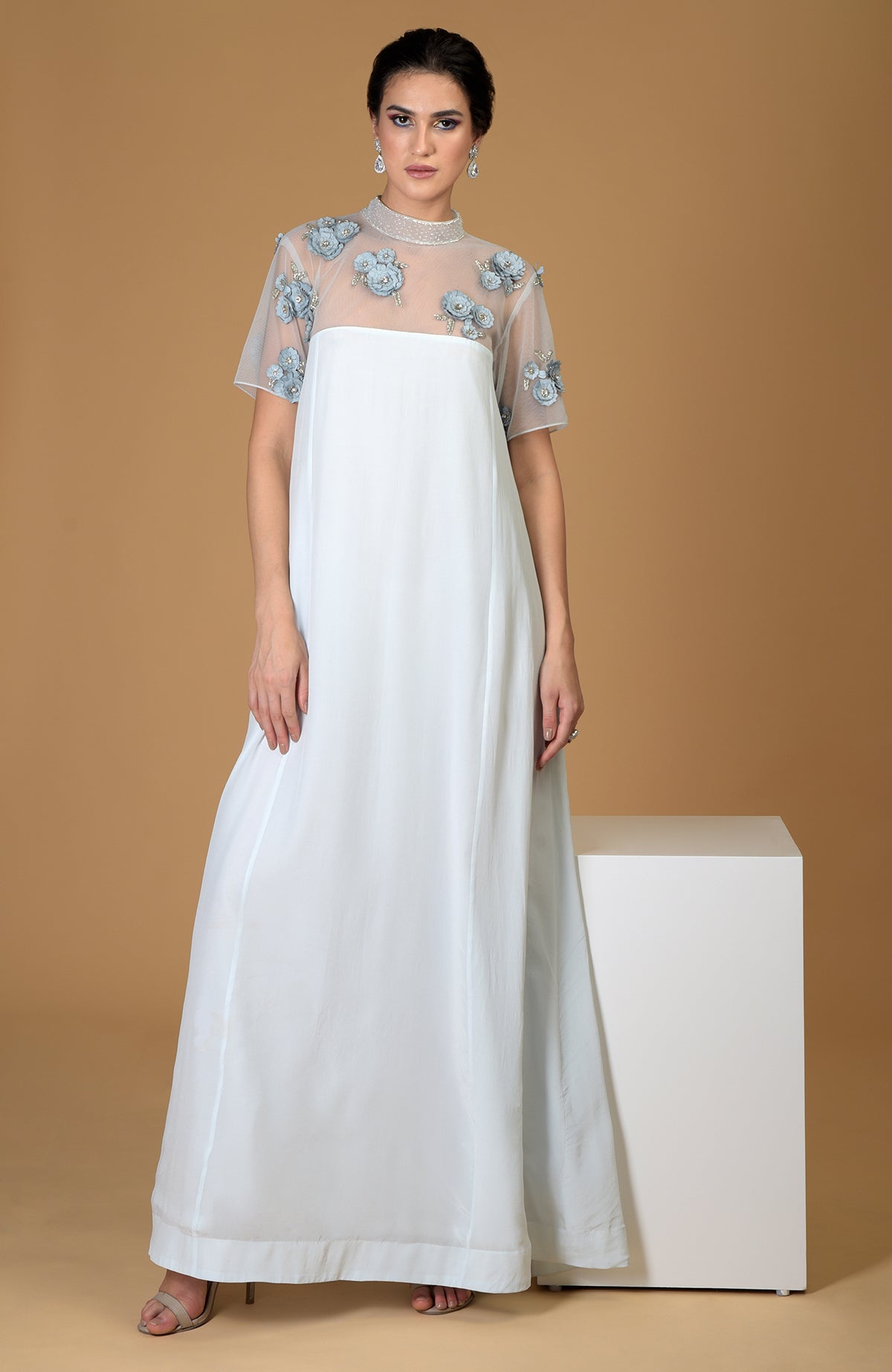 Blue Twilight Hand Embroidered Dress with sheer floral embellished yoke.