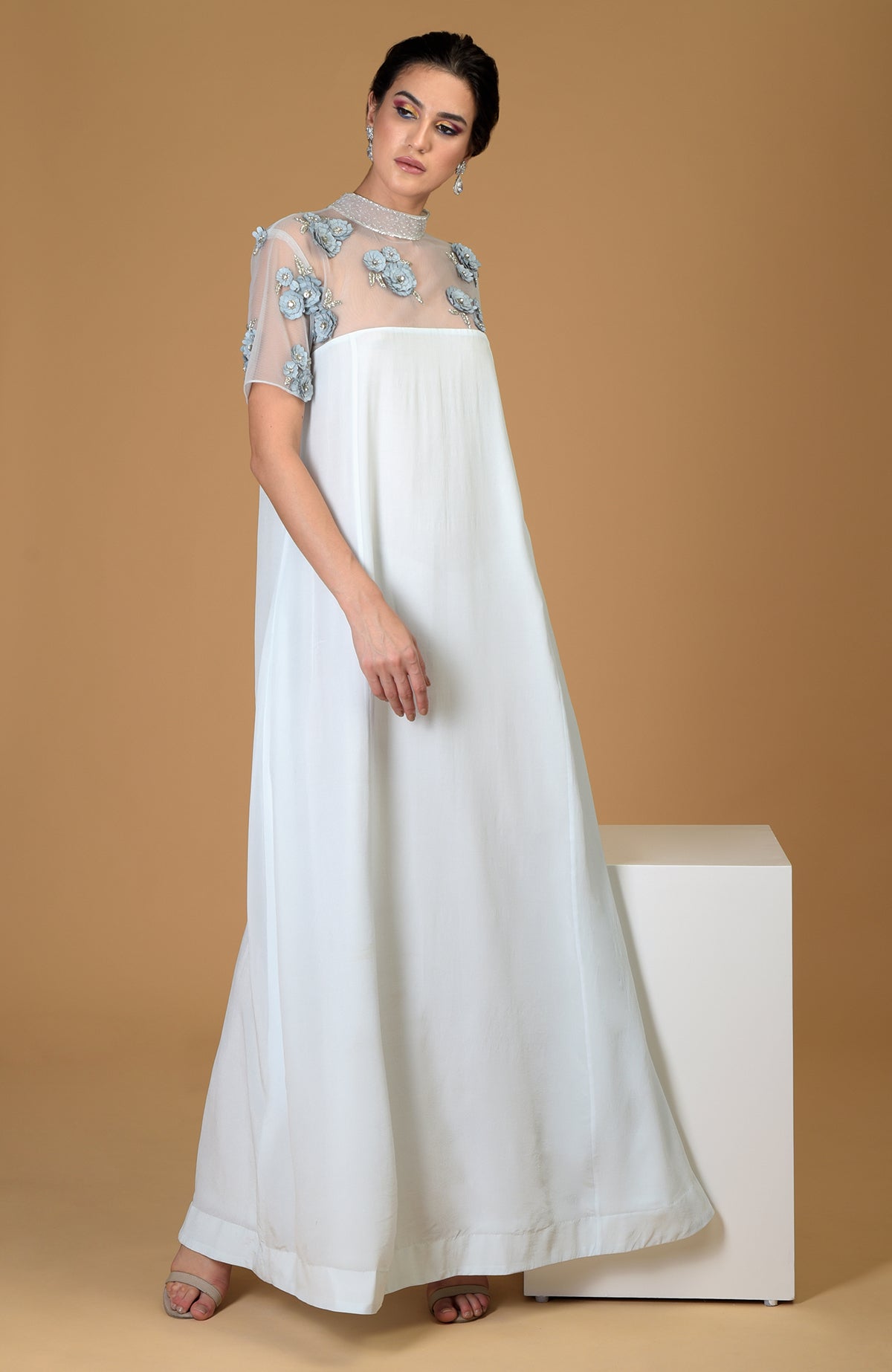 Blue Twilight Hand Embroidered Dress with sheer floral embellished top.