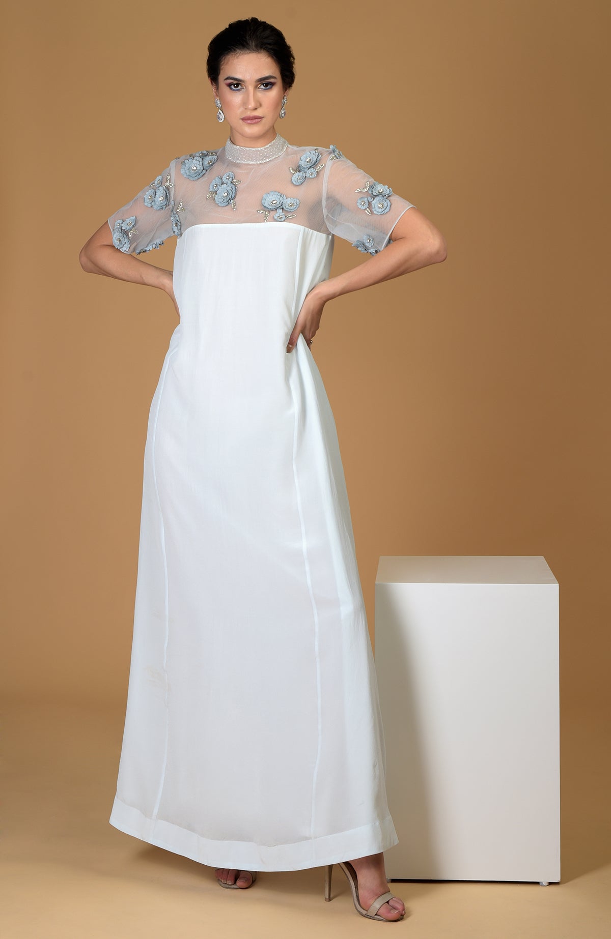 Blue Twilight Hand Embroidered Dress with sheer floral embellished top.