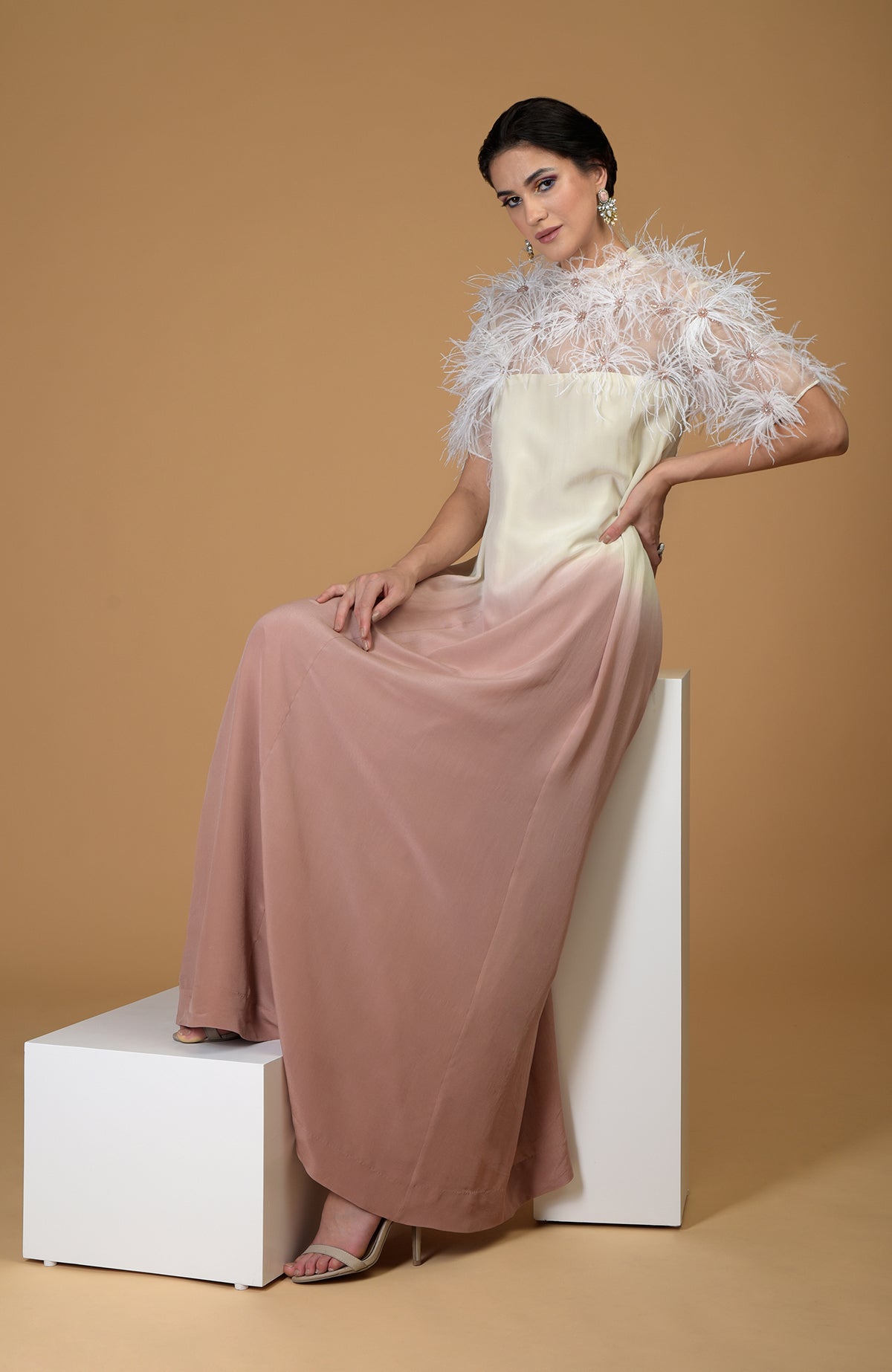 An ombre silk crepe dress with feather floral hand embroidery.