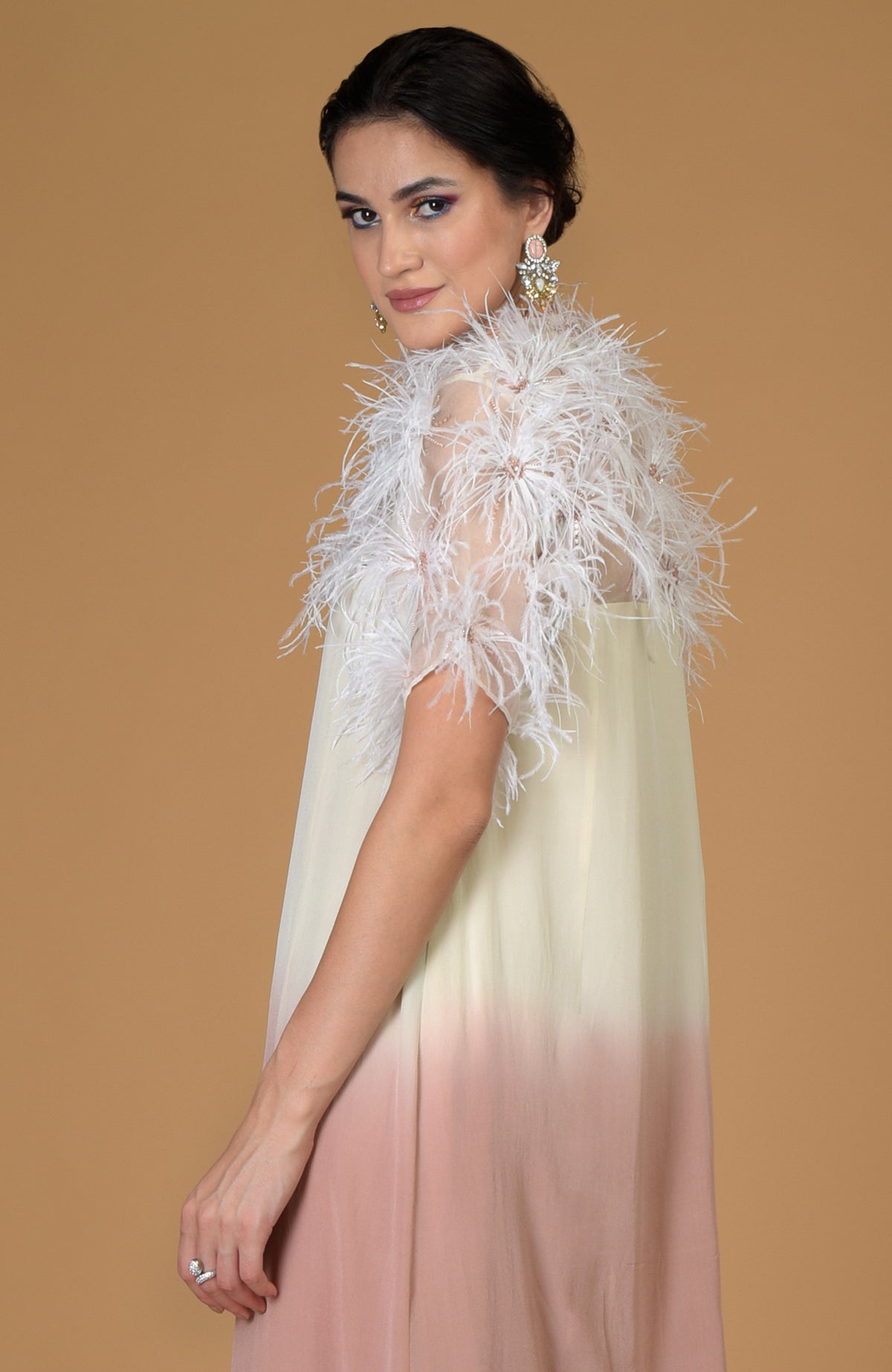 Asian Paradise Feather Floral Hand Embroidered Dress with ombre effect.