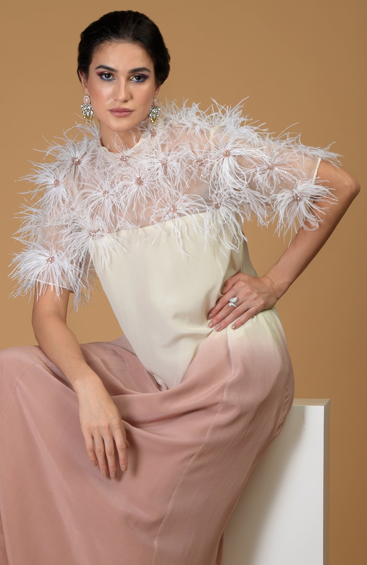 Woman in an ombre silk crepe dress with feather floral embroidery.