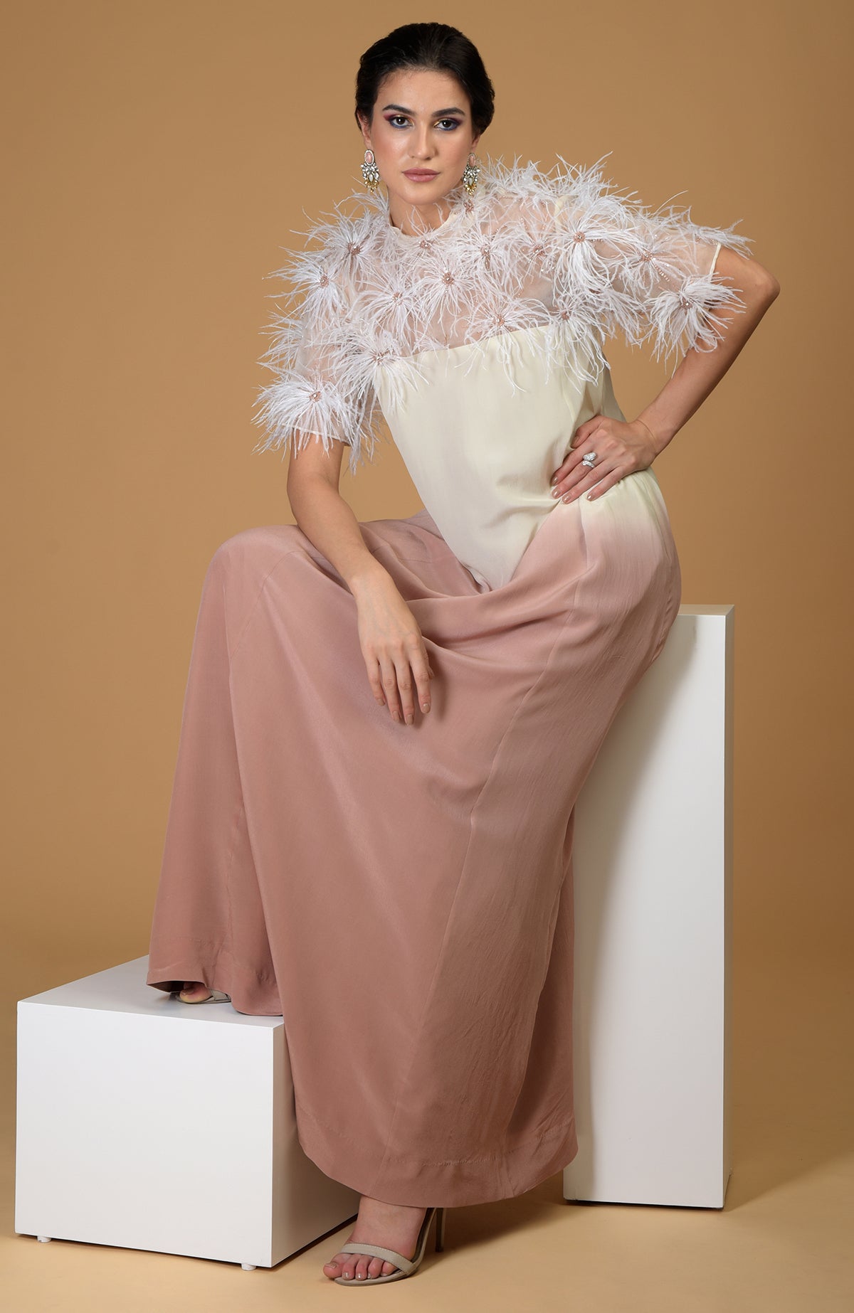 Asian Paradise Feather Floral Hand Embroidered Dress with ombre silk crepe and feather flowers.