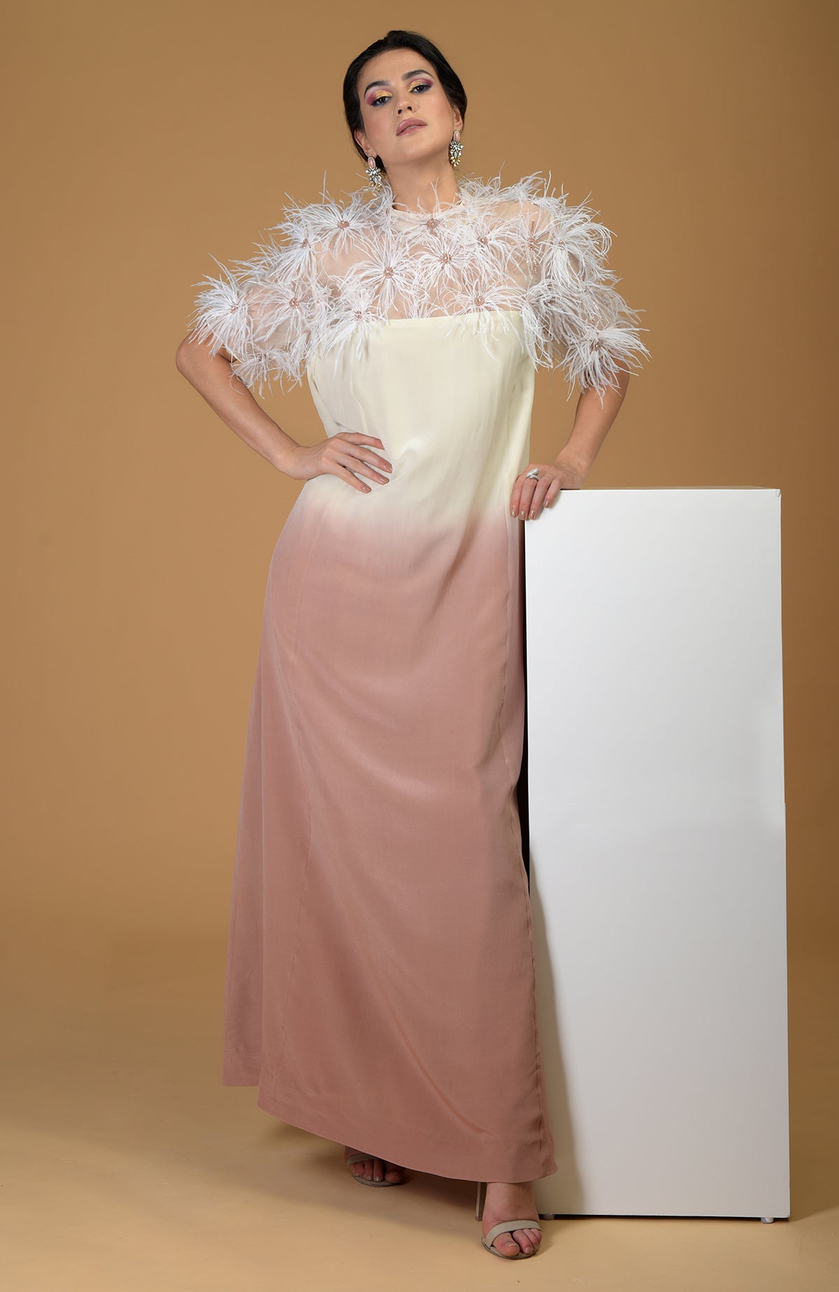 Asian Paradise Feather Floral Hand Embroidered Dress in ombre silk crepe.