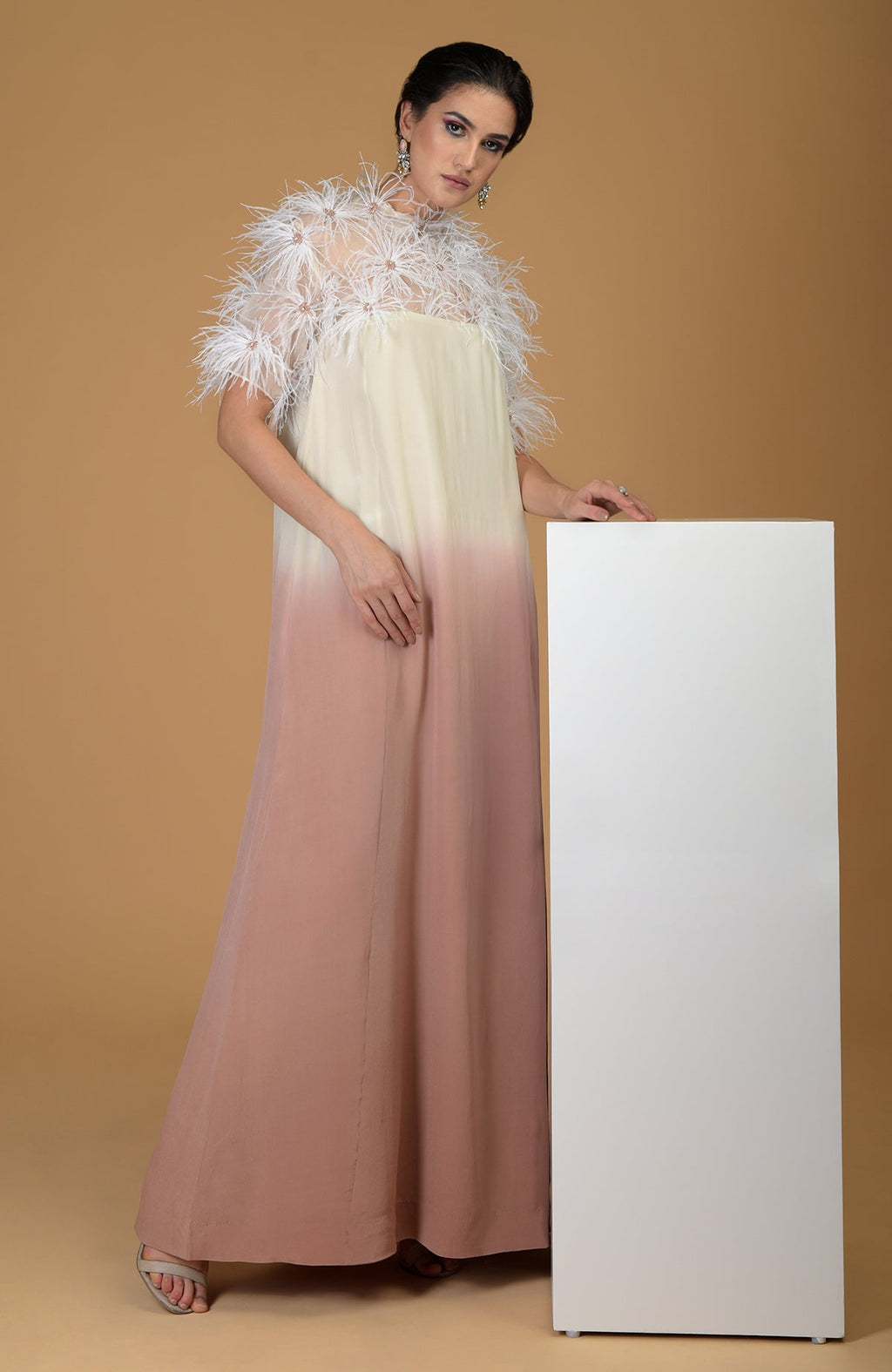 An Asian Paradise feather floral hand-embroidered dress with an ombre design.