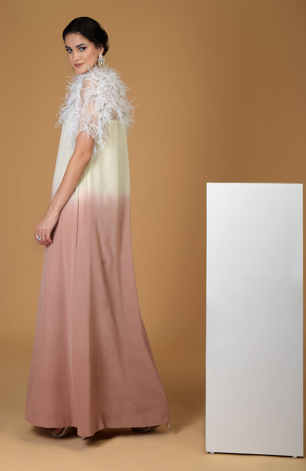 An Asian Paradise Feather Floral Hand Embroidered Dress with an ombre design.