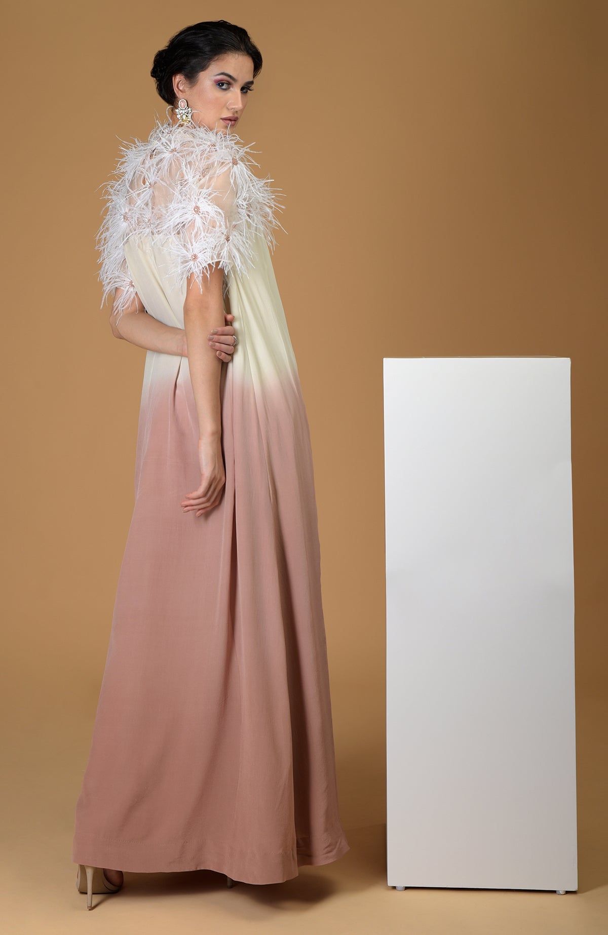Ombre silk crepe dress with feather floral hand embroidery.