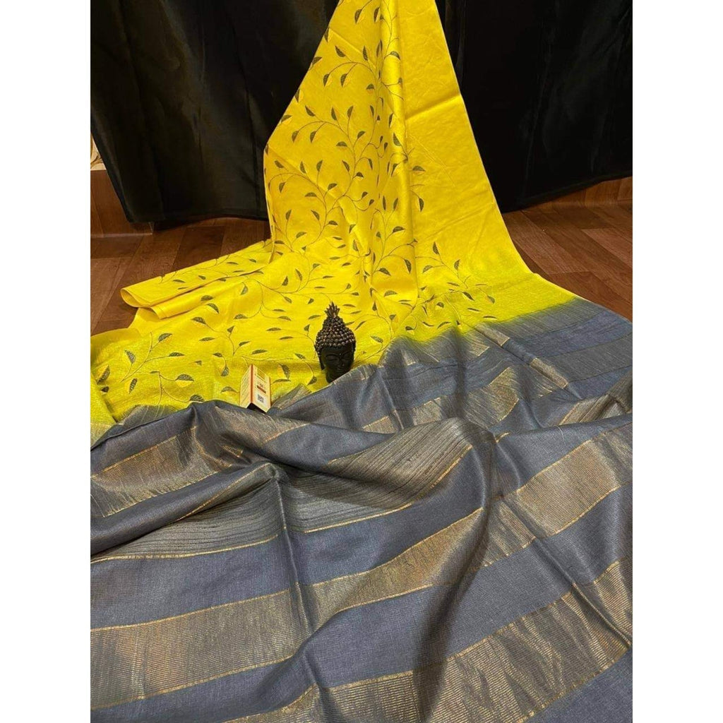 Eri Silk Digital Embroidered Yellow Saree with Running Blouse-Indiehaat