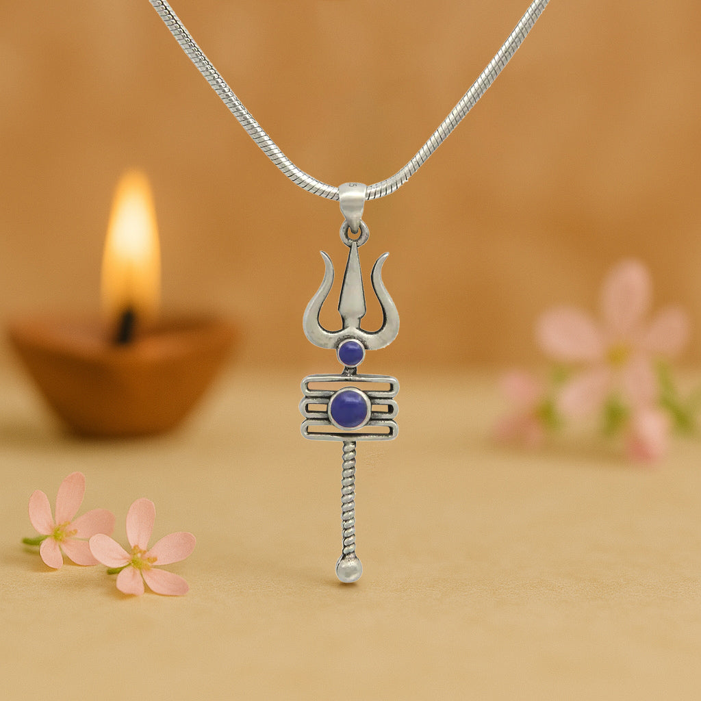 92.5 Silver Men's Blue Trishul Pendant