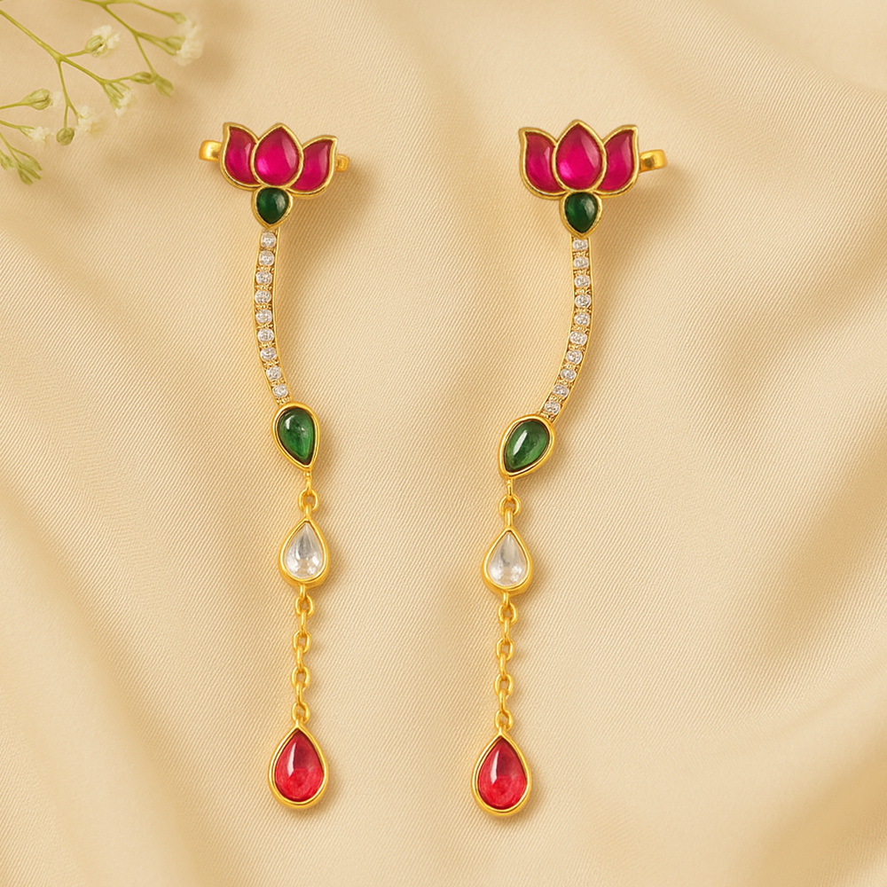 92.5 Sterling Silver Kundan Small Lotus EarCuff