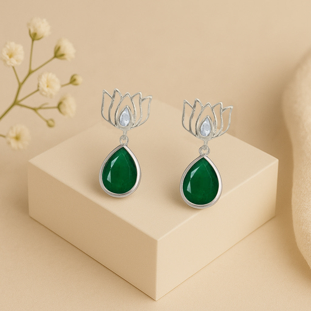 925 Sterling Silver Green Lotus Earring