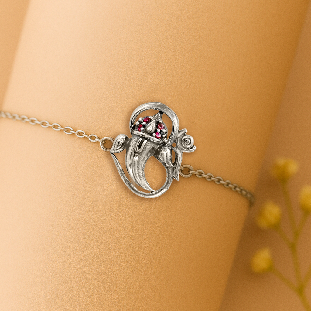 925 Sterling Silver Om Bracelet with Ruby Pink Stones