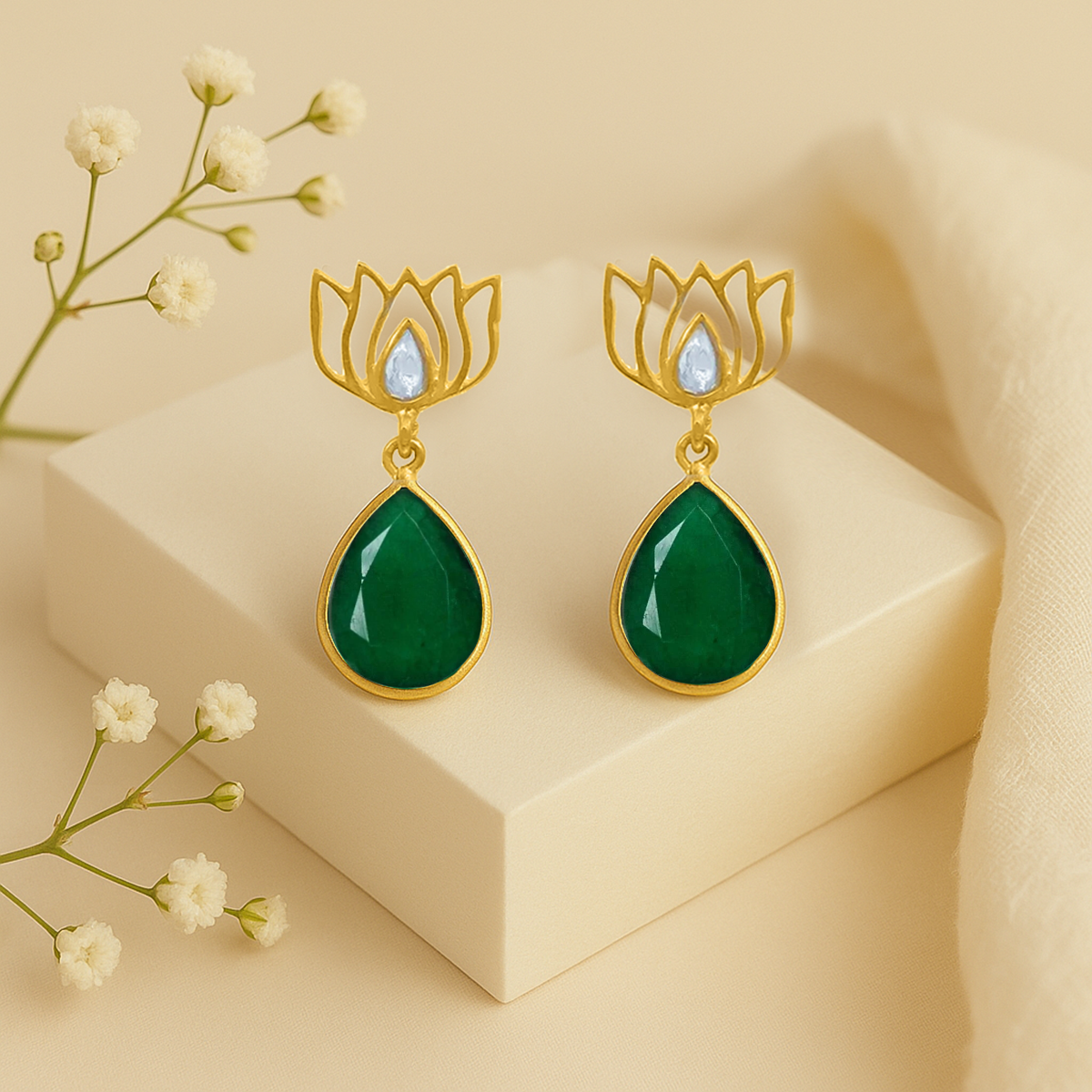 925 Sterling Silver Green Lotus Earring