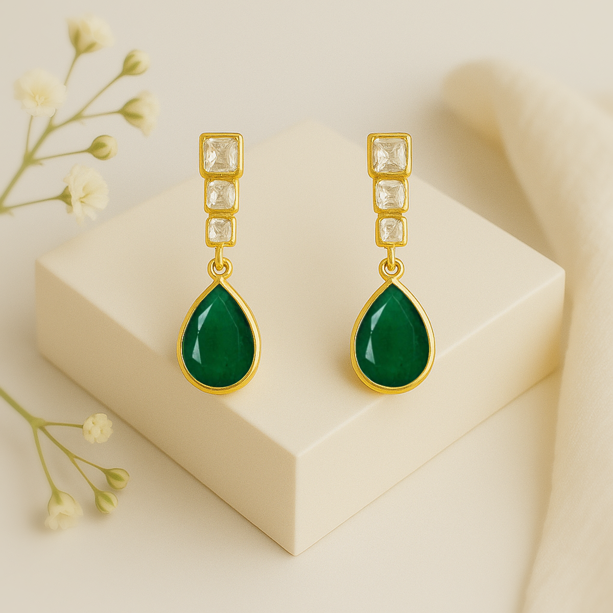 Silver green drop earring