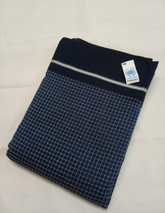Patteda Anchu Handloom Mark Certified Pure Cotton Blue Saree with Running Blouse-Indiehaat