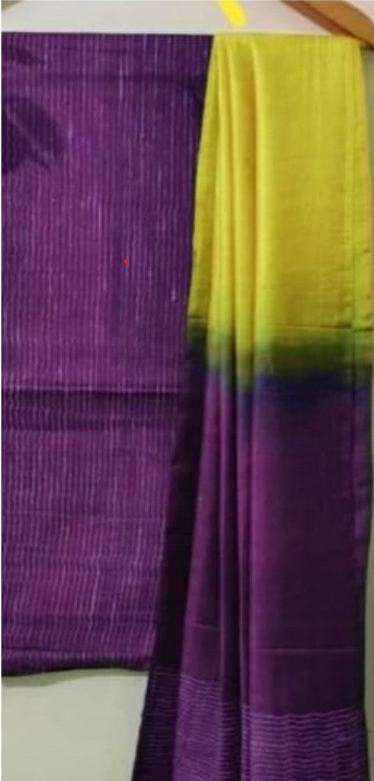 Handdyed Katan Silk Yellow & Violet Contrast Suit