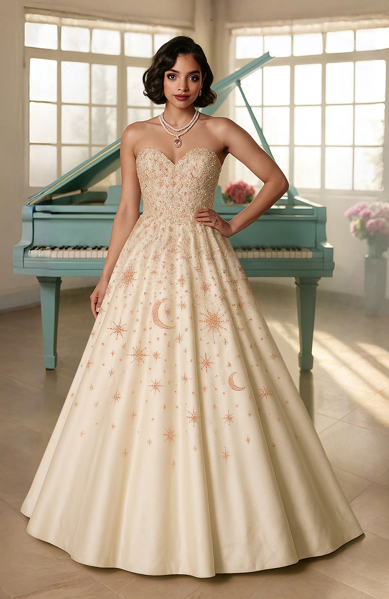 Ivory strapless ball gown with crystal stars and moon embroidery and a sweetheart neckline