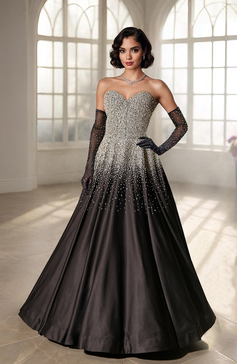 A woman models a strapless black gown with a crystal-embroidered bodice and sheer gloves.