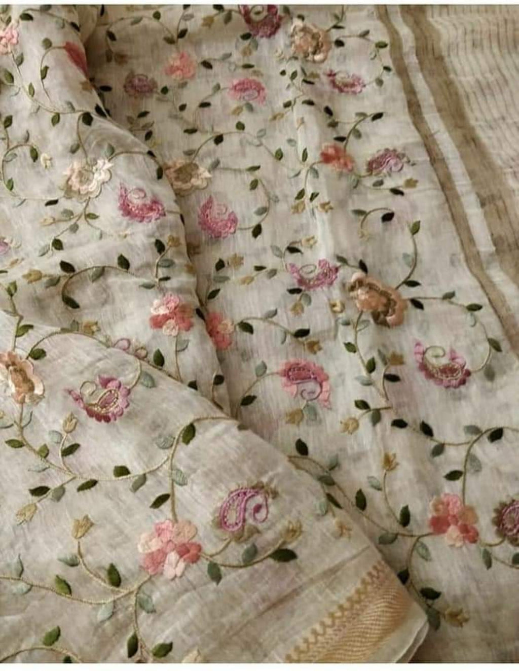 Silk Linen Embroidered Handloom Off White Saree with Blouse-Indiehaat