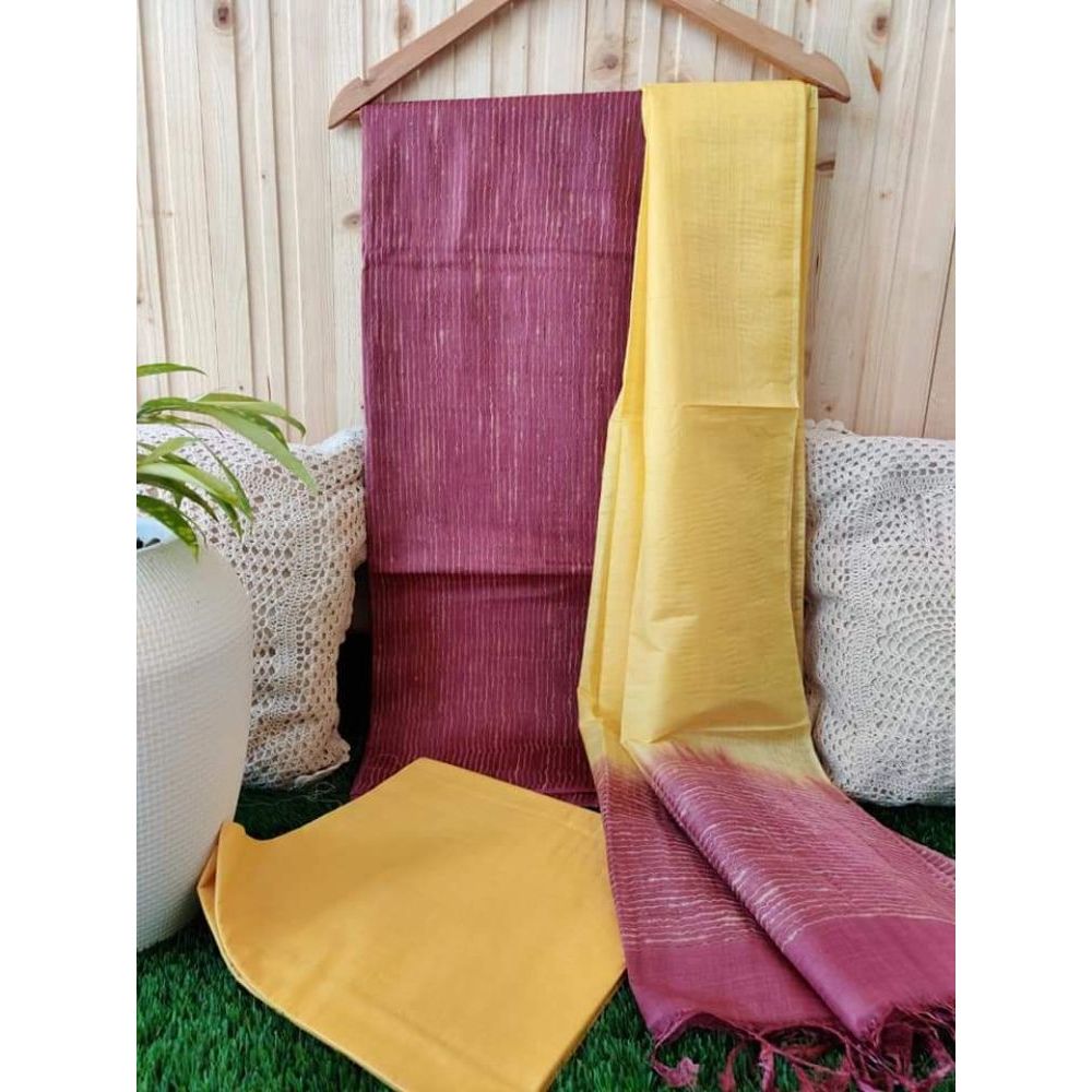 Katan Purple and Yellow Silk Suit Piece with Bottom and Dupatta-Indiehaat