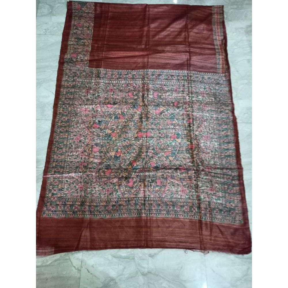 Silkmark Certified Tussar Silk Madhubani HANDPAINTED Brown Saree with Blouse-Indiehaat