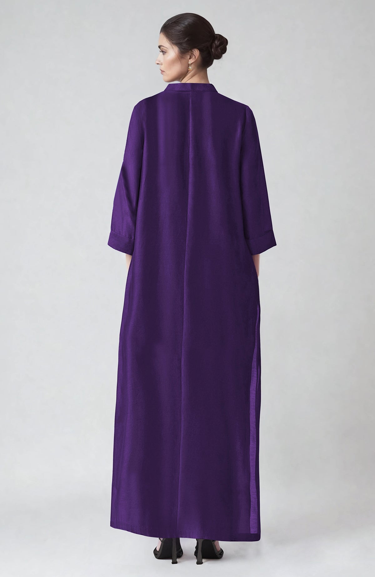 Eggplant kaftan with band collar, zip placket, and Kashmiri tilla aari embroidery