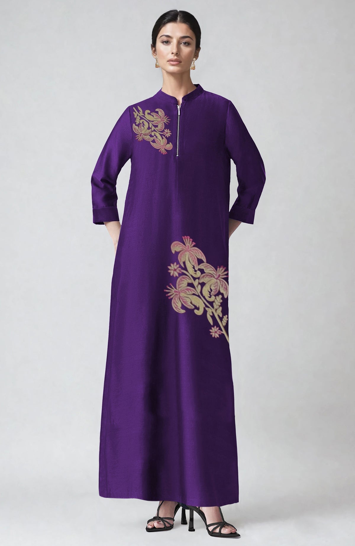 Eggplant kaftan with band collar, zip placket, and Kashmiri tilla aari silk embroidery