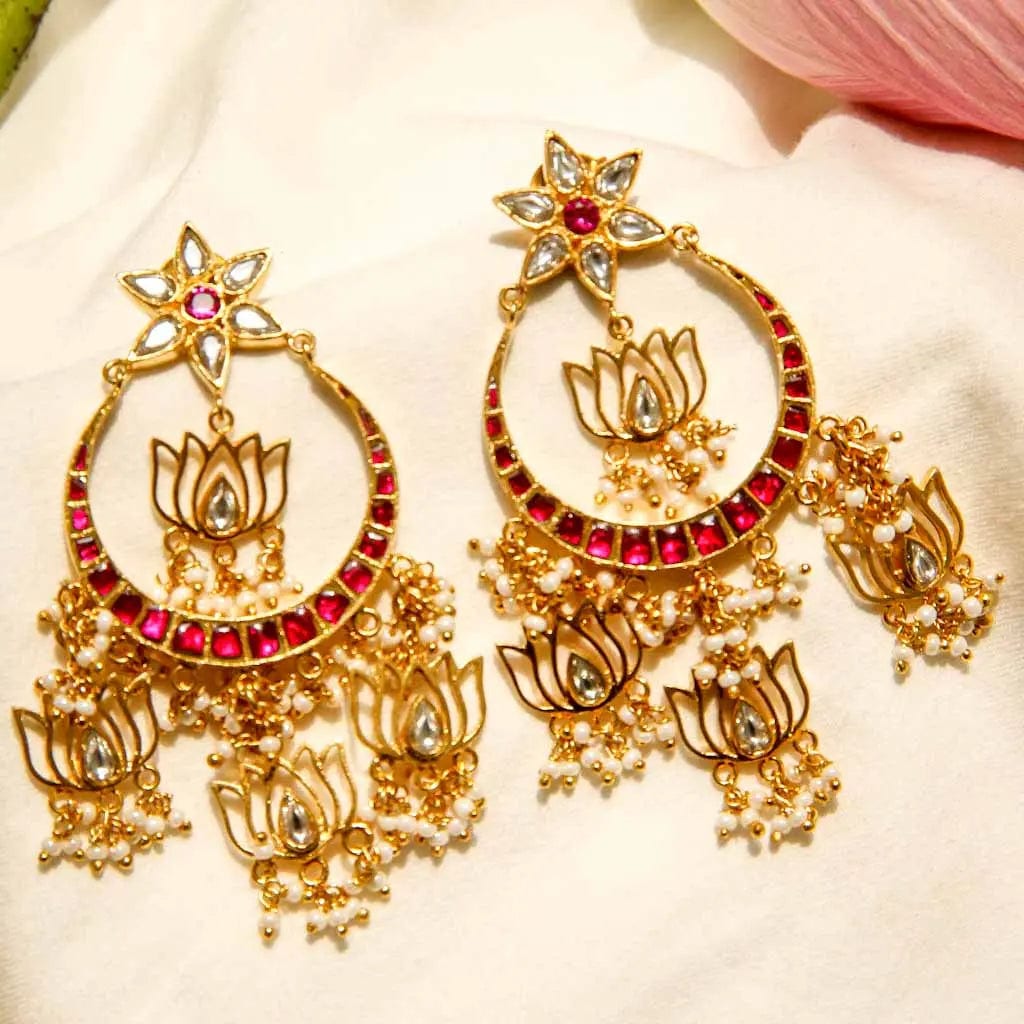 Festive Gold Plated Kundan Jadau Lotus Earrings