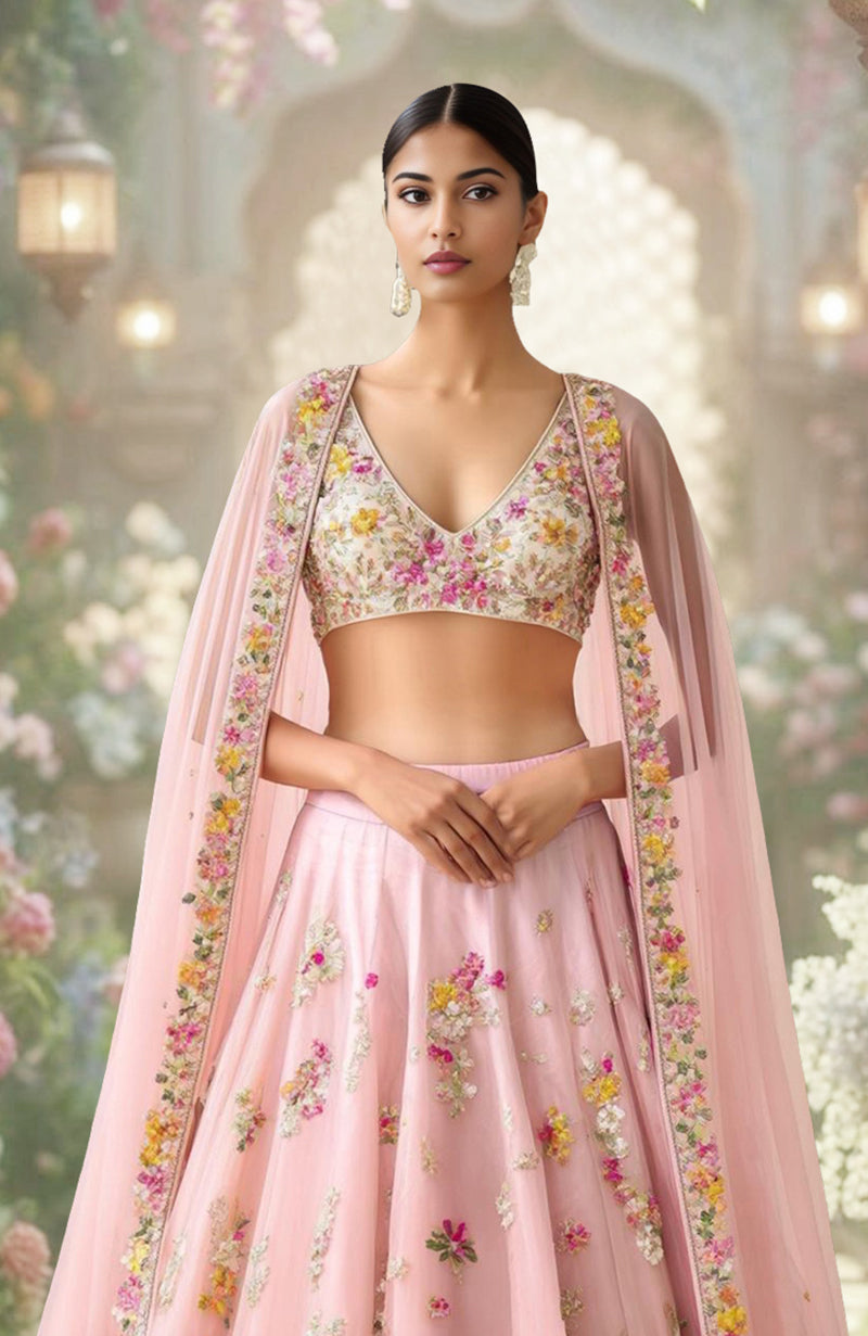 Blush pink lehenga set with multicolored floral embroidery and sleeveless deep V-neck blouse