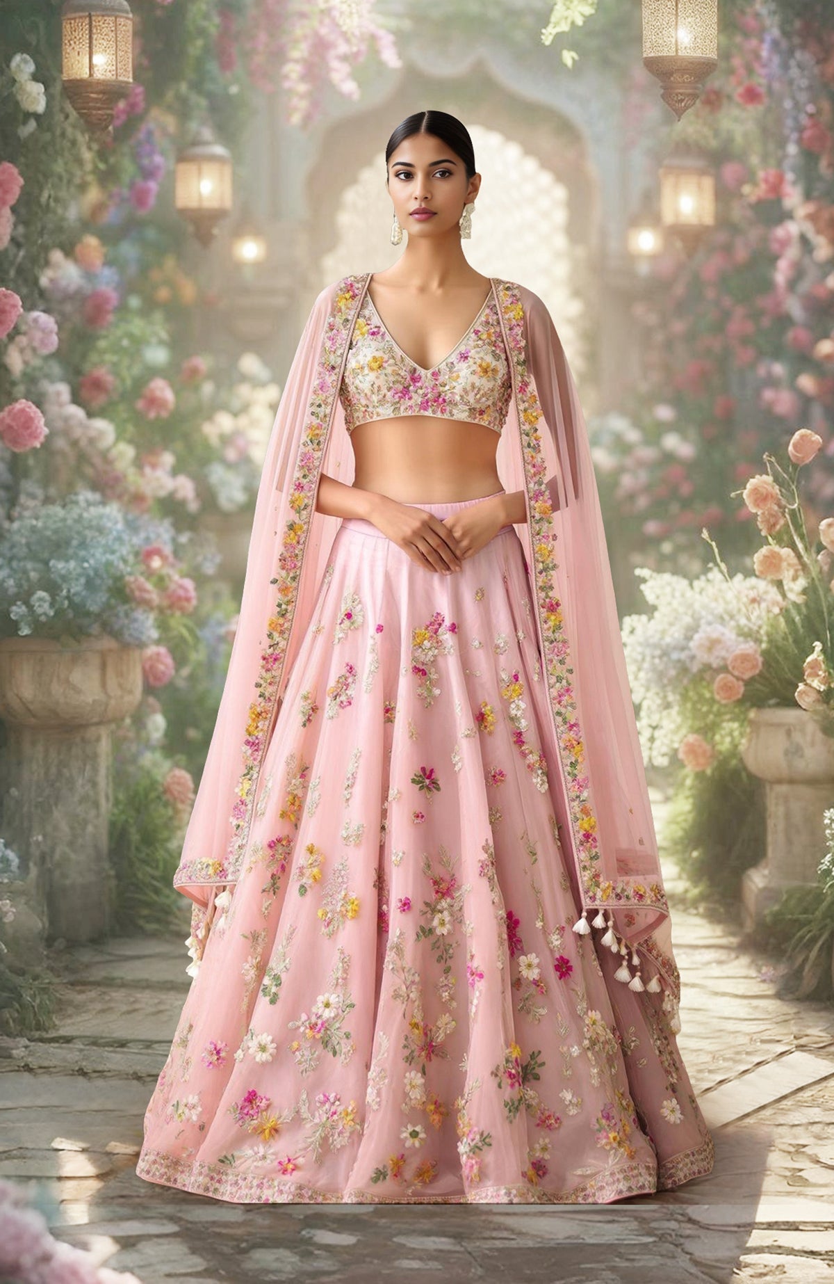 Blush pink lehenga set with multicolored floral embroidery on blouse, skirt, and dupatta.