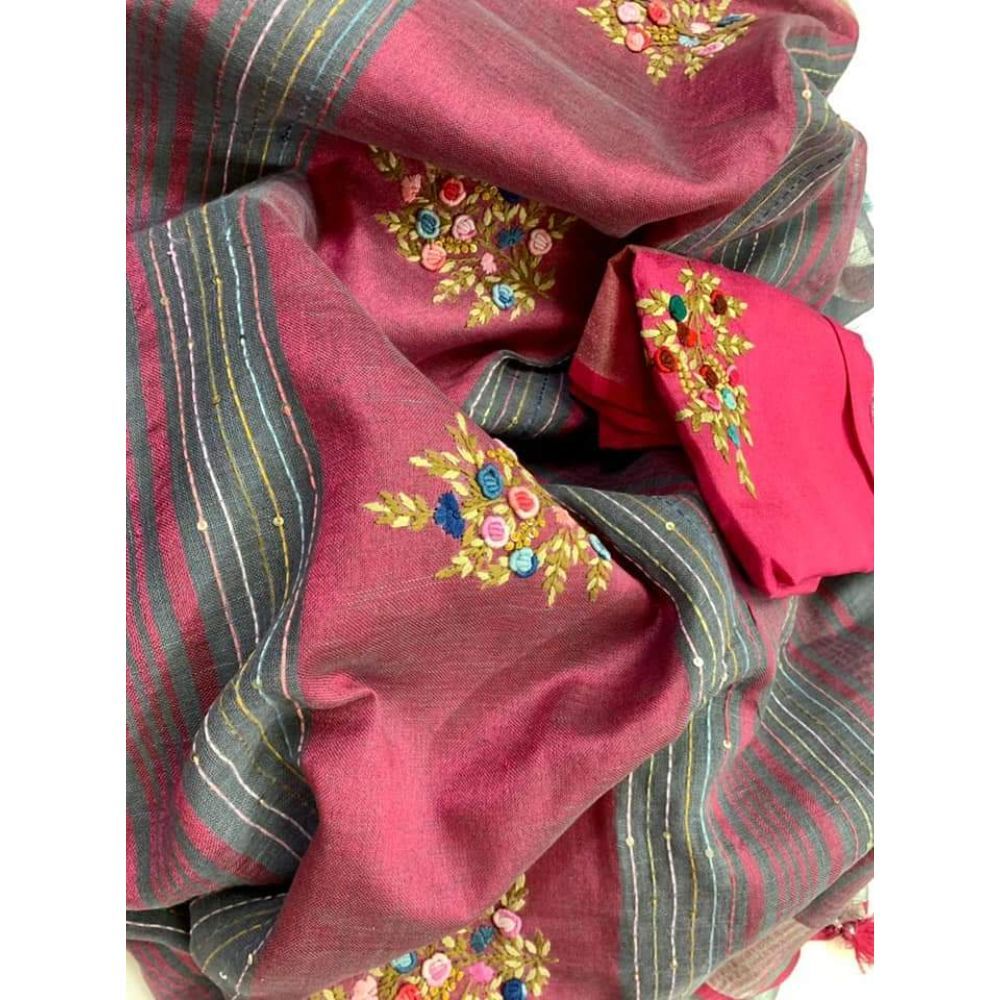 Pure Linen Floral Embroidered Red Saree with Embroidered Blouse-Indiehaat