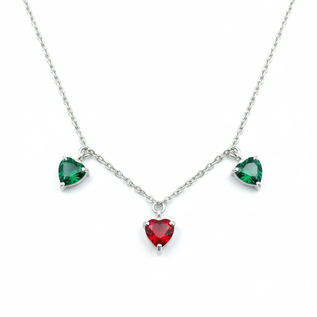 Green and Red Heart Shaped Diamond Studded Silver Necklace