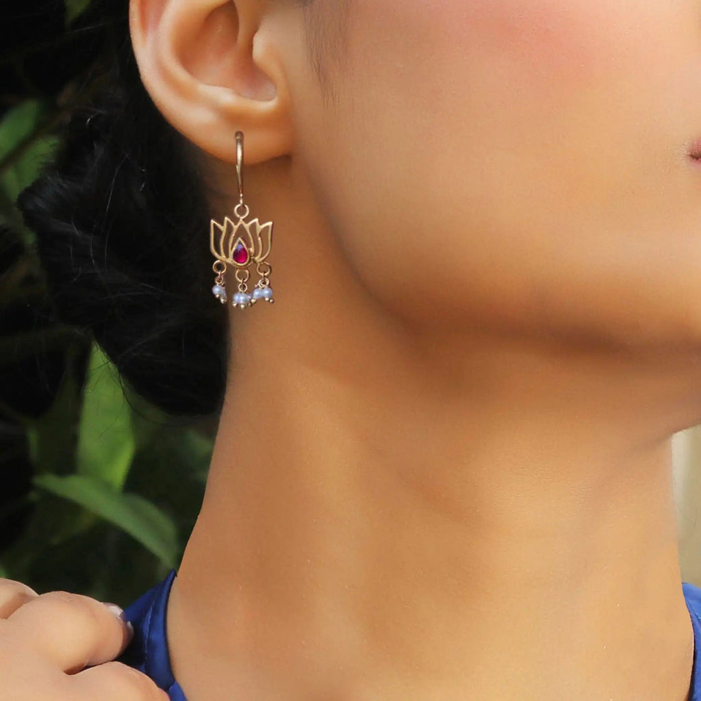 92.5 Sterling Silver Gold Plated Lotus Drop Bali Earrings