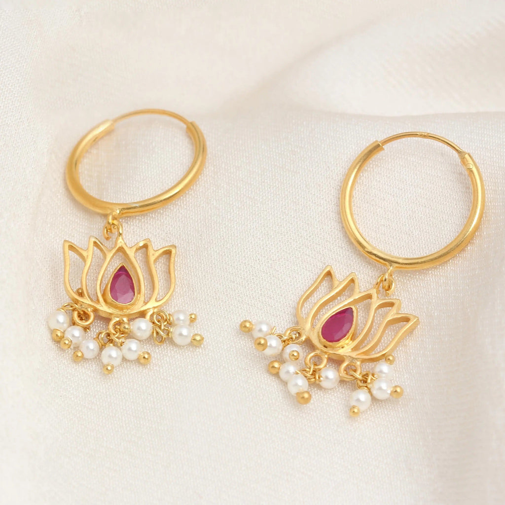 92.5 Sterling Silver Gold Plated Lotus Drop Bali Earrings