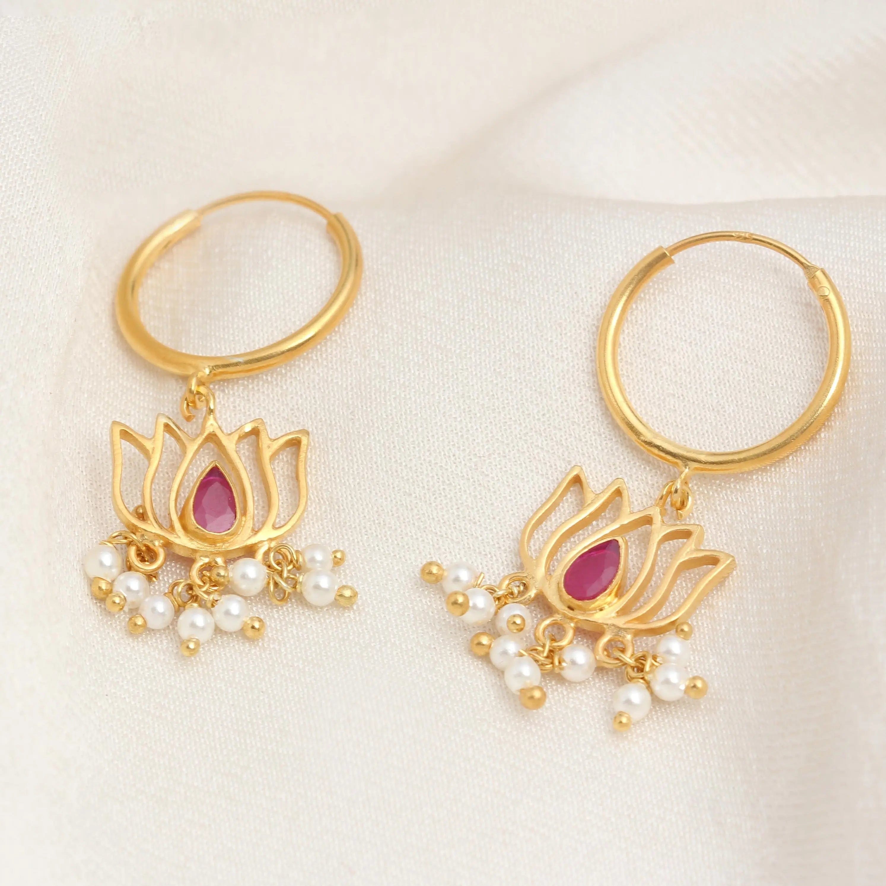 92.5 Sterling Silver Gold Plated Lotus Drop Bali Earrings