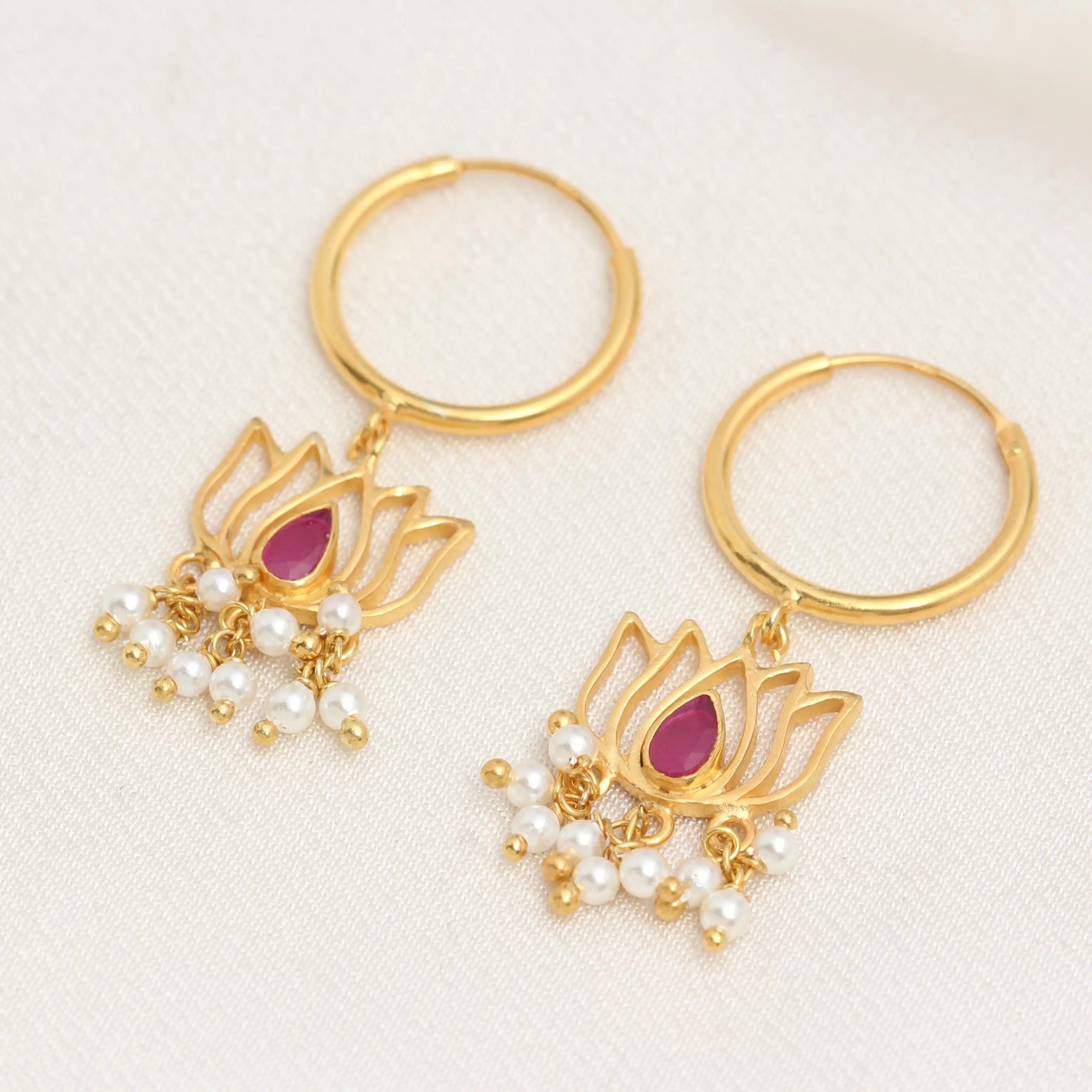 92.5 Sterling Silver Gold Plated Lotus Drop Bali Earrings