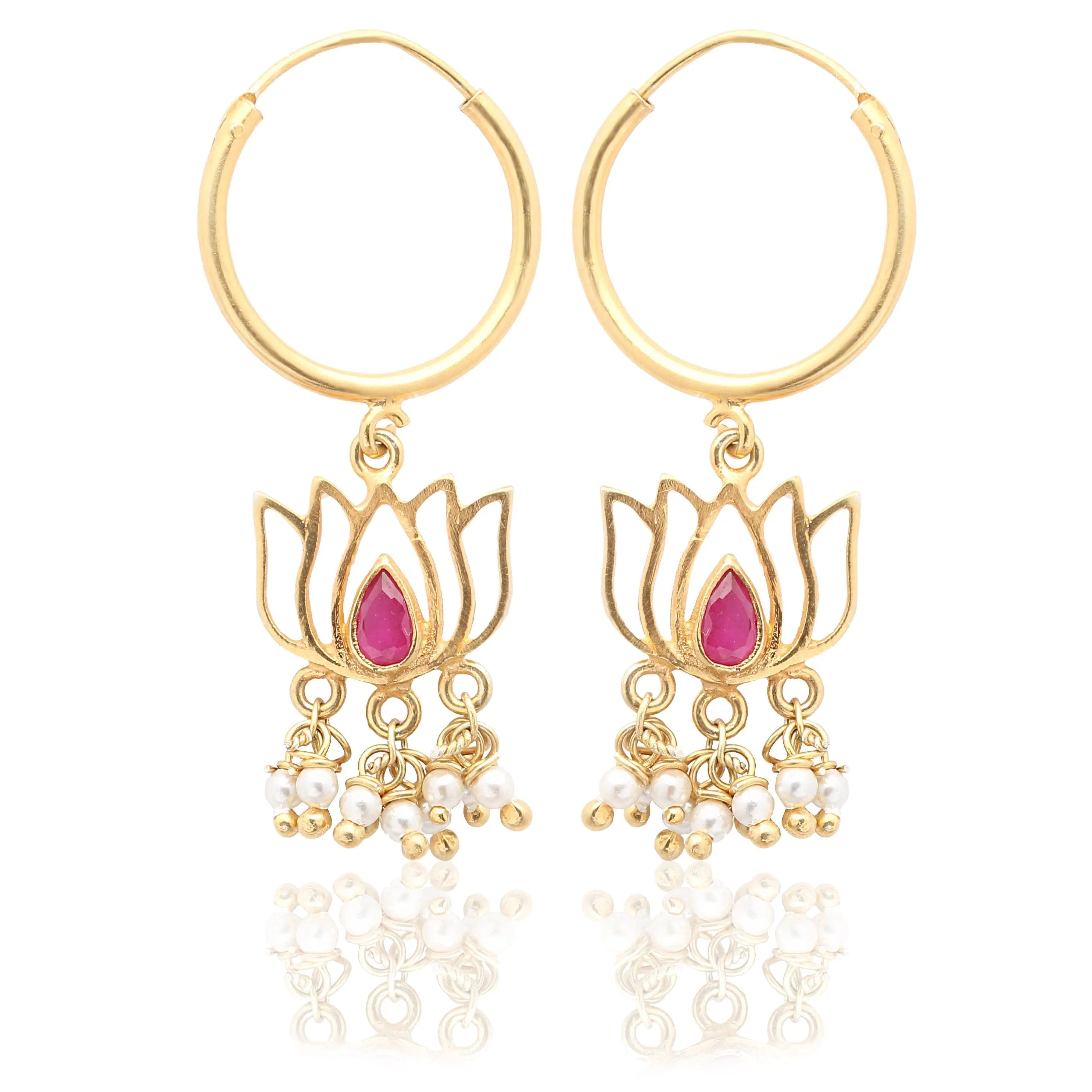 92.5 Sterling Silver Gold Plated Lotus Drop Bali Earrings