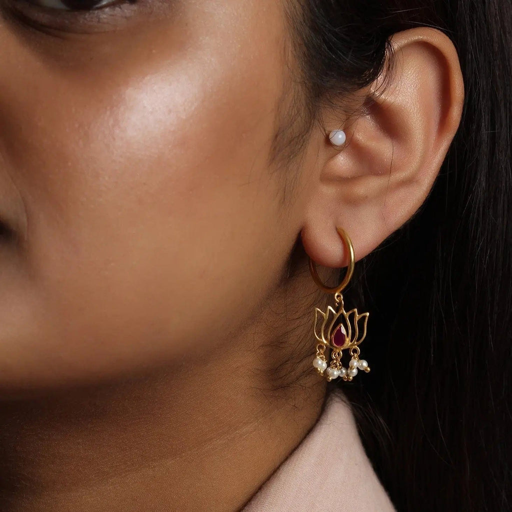 92.5 Sterling Silver Gold Plated Lotus Drop Bali Earrings