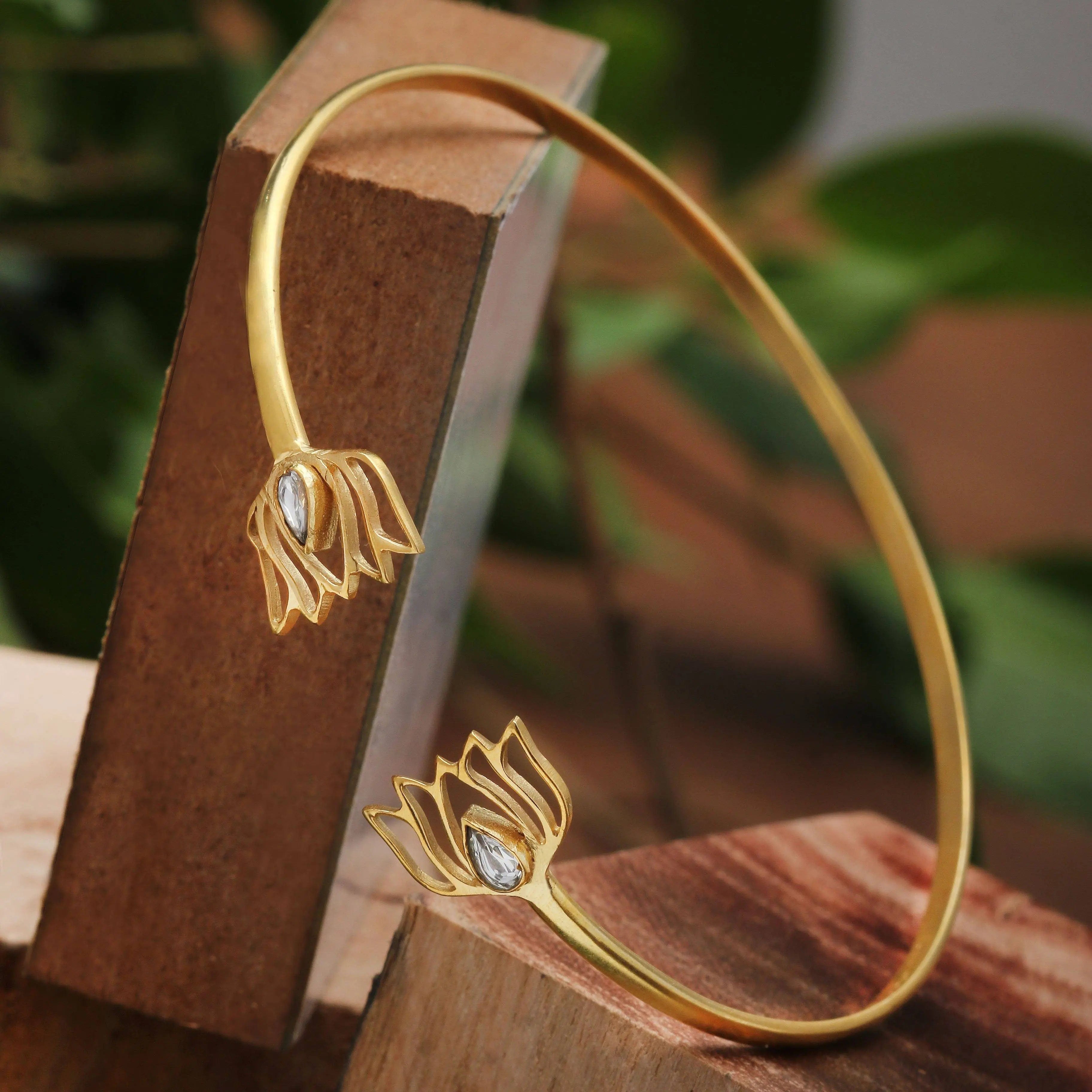 Gold Plated Silver Kundan Lotus Cuff