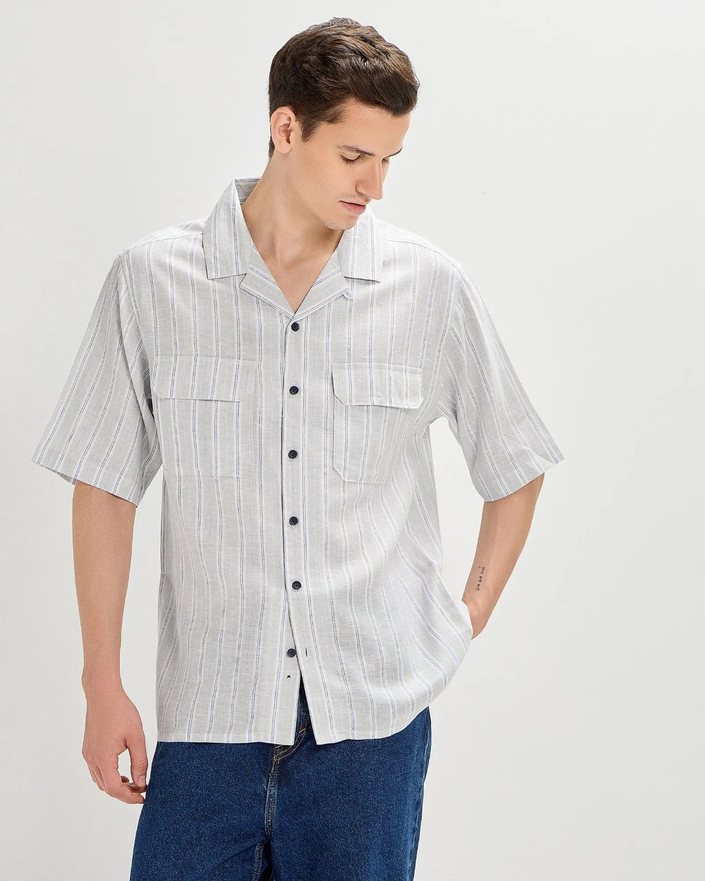 Grey oversized striped linen shirtUnited By Hope