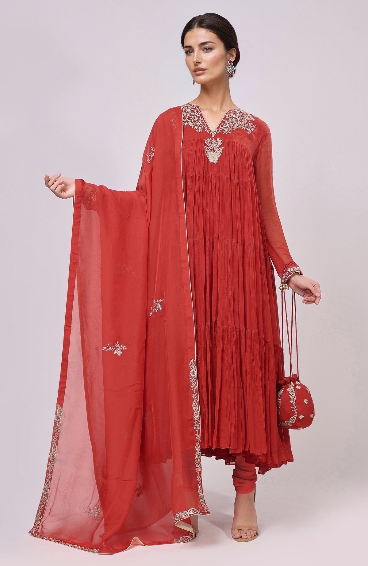 Red Anarkali set with Kashmiri Tilla Aari embroidery, tiered skirt, churidar, and dupatta.