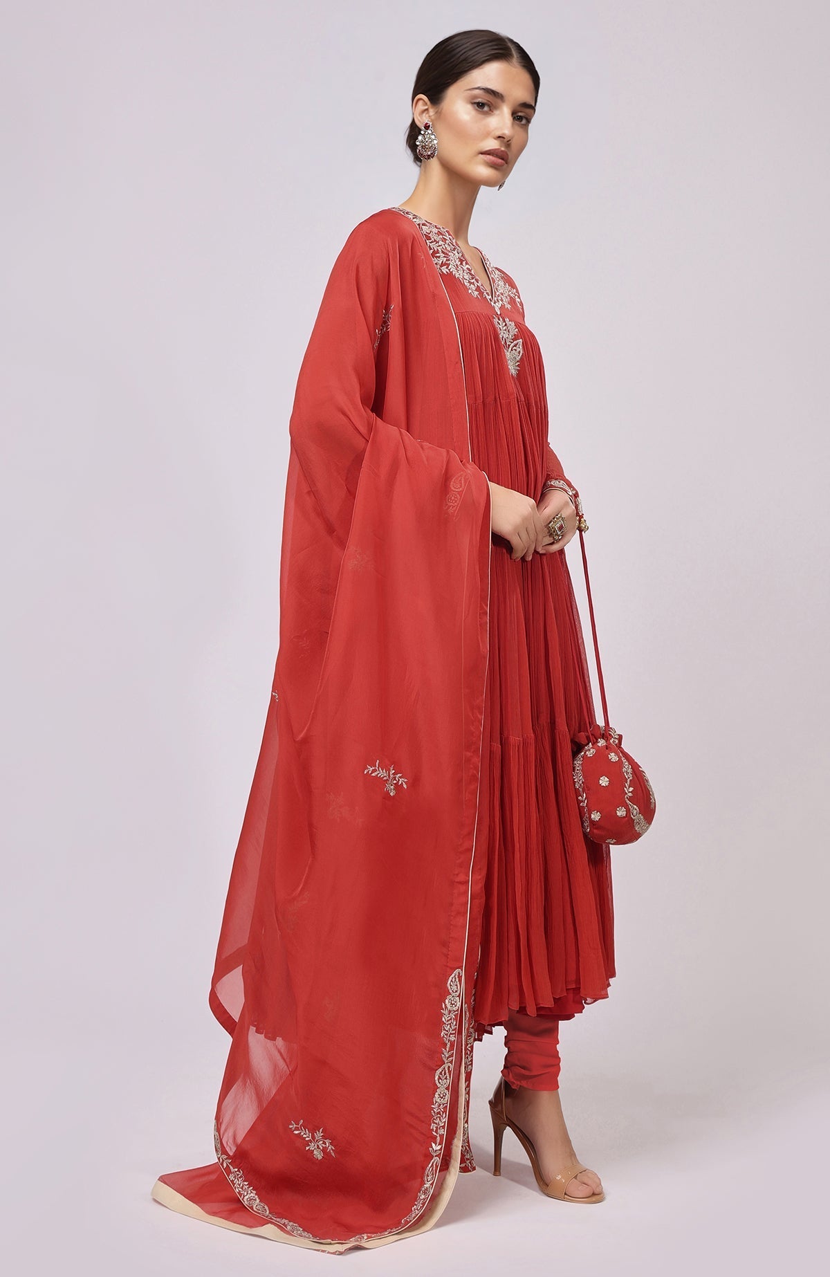 Red Kashmiri Tilla Aari embroidered Anarkali set with tiered skirt and matching churidar and dupatta