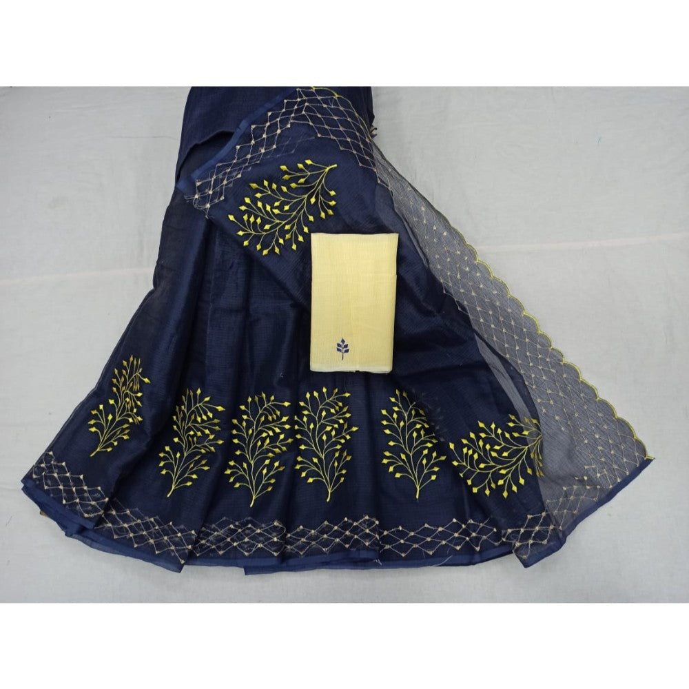 Kota Doria Embroidery Blue Saree with blouse Handcrafted-Indiehaat