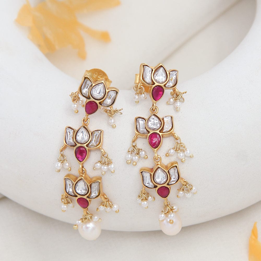 Silver Kundan Lotus Bloom Earring with Pearl