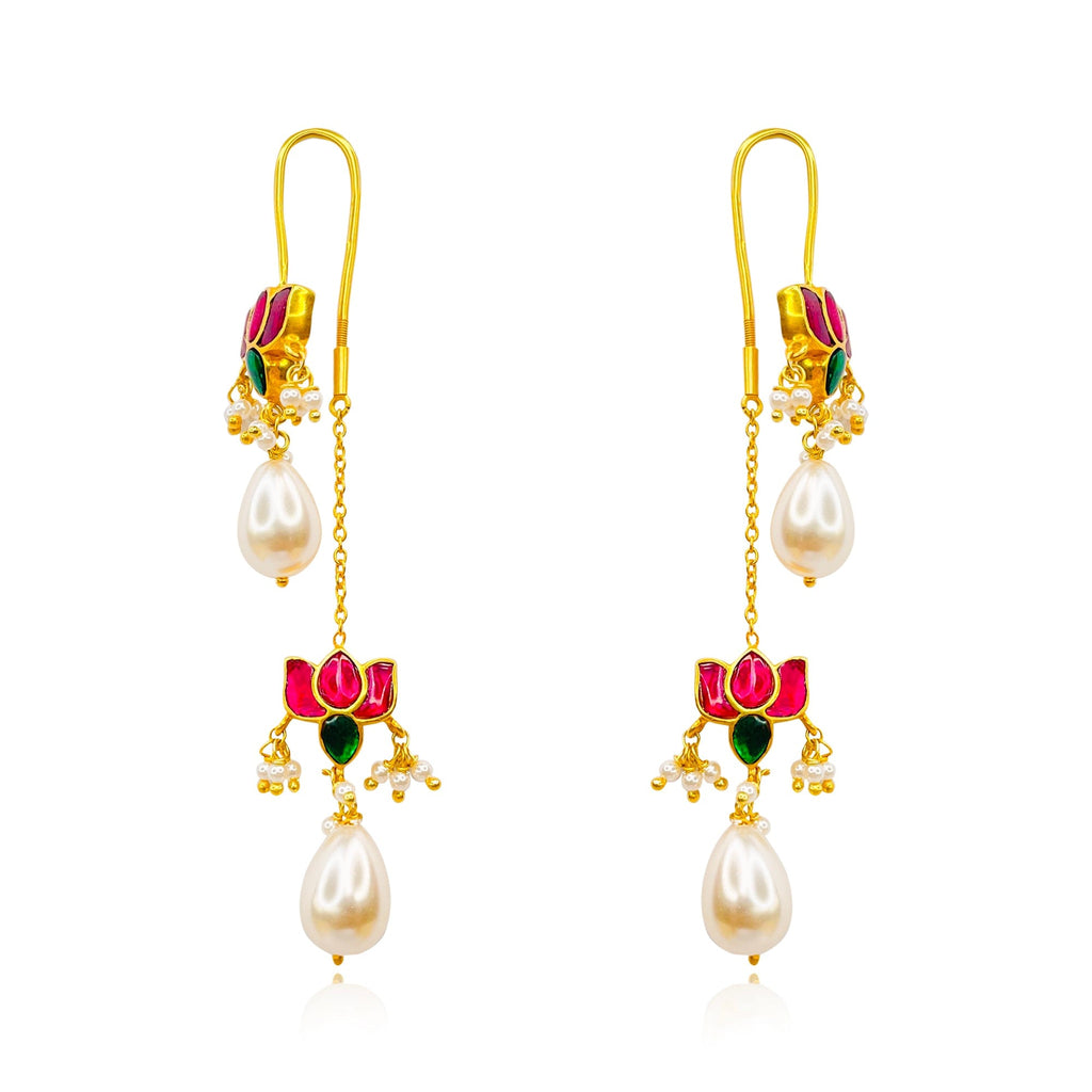 925 Sterling Silver Double Lotus Kundan Sui Dhaga Earring