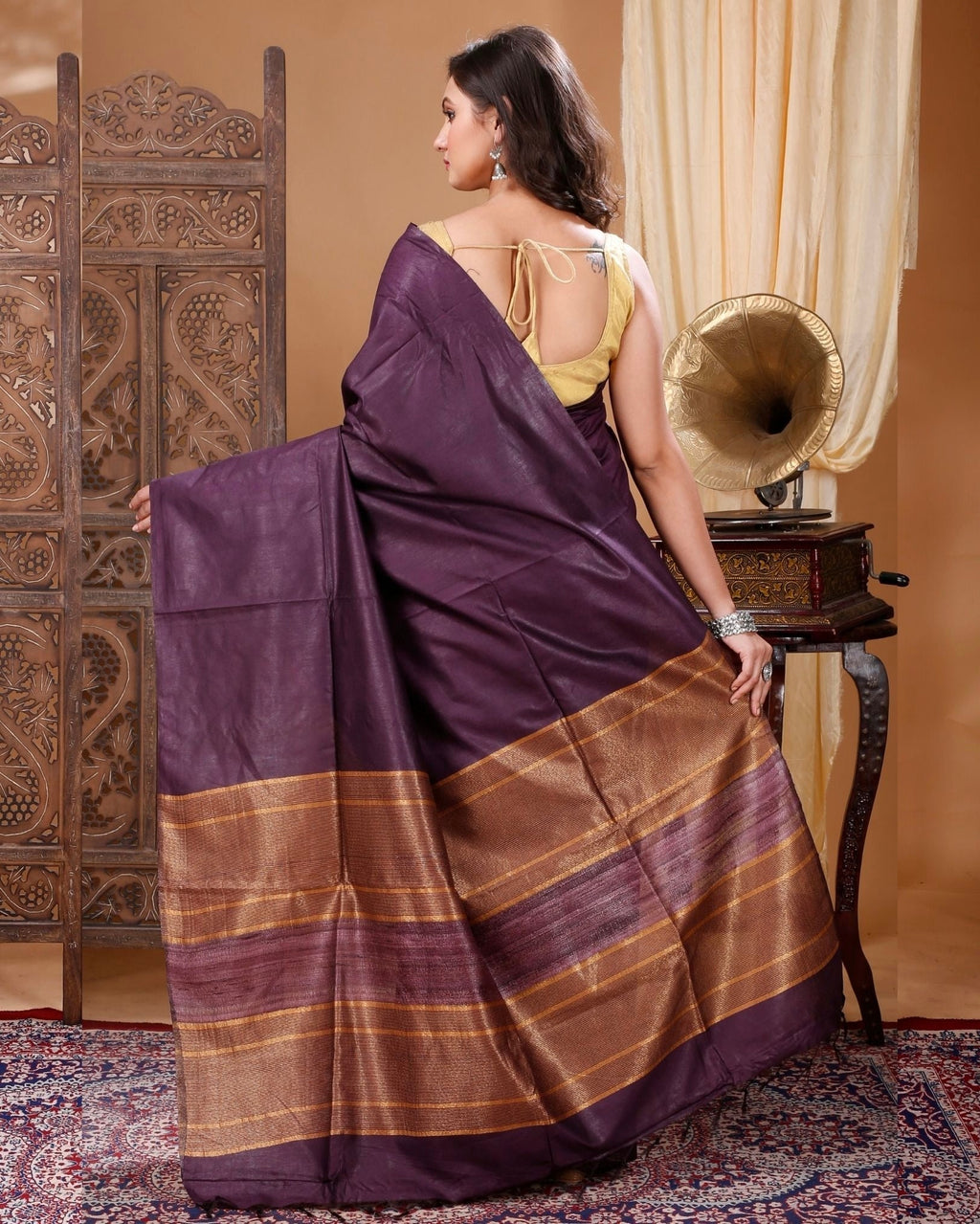 Pure Eri Silk Purple Saree with Running Blouse-Indiehaat