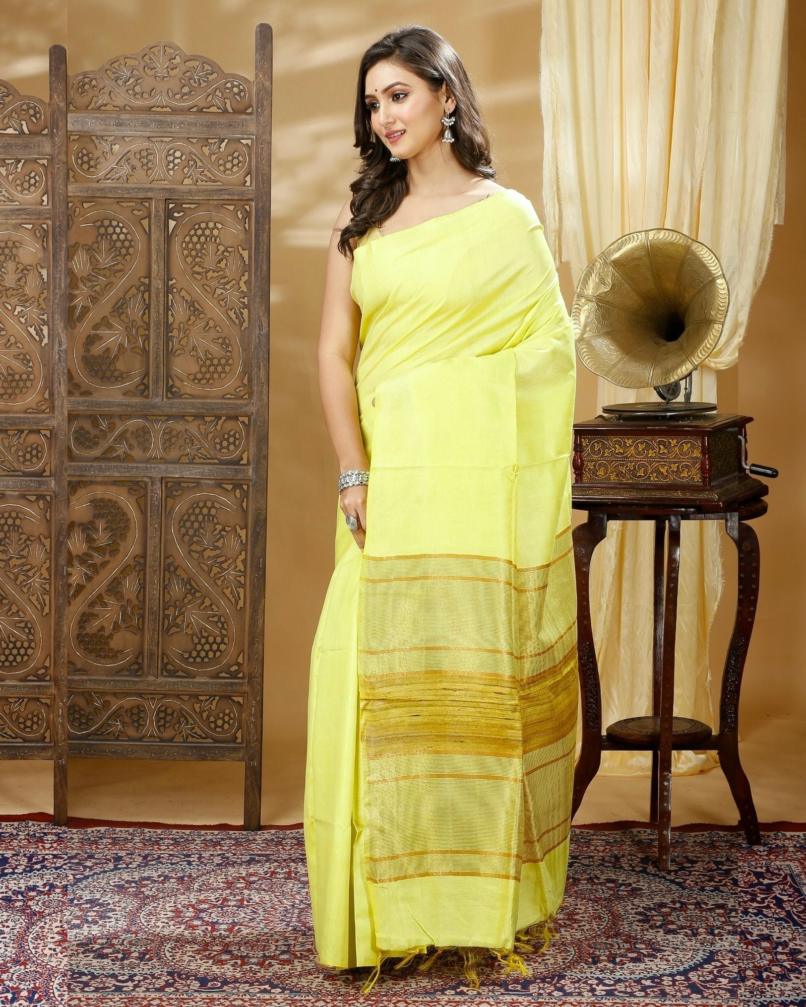 Pure Eri Silk Yellow Saree with Running Blouse-Indiehaat