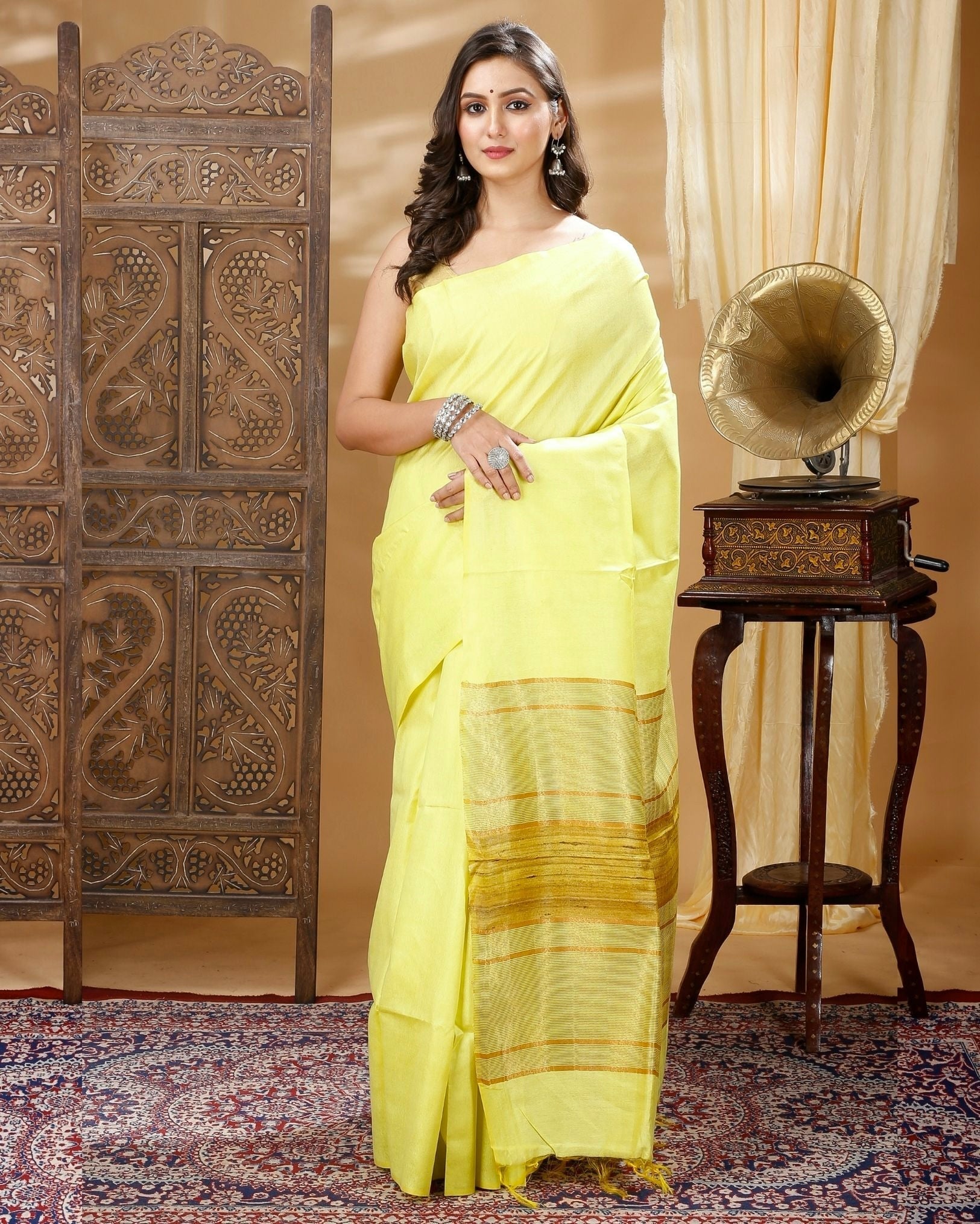 Pure Eri Silk Yellow Saree with Running Blouse-Indiehaat